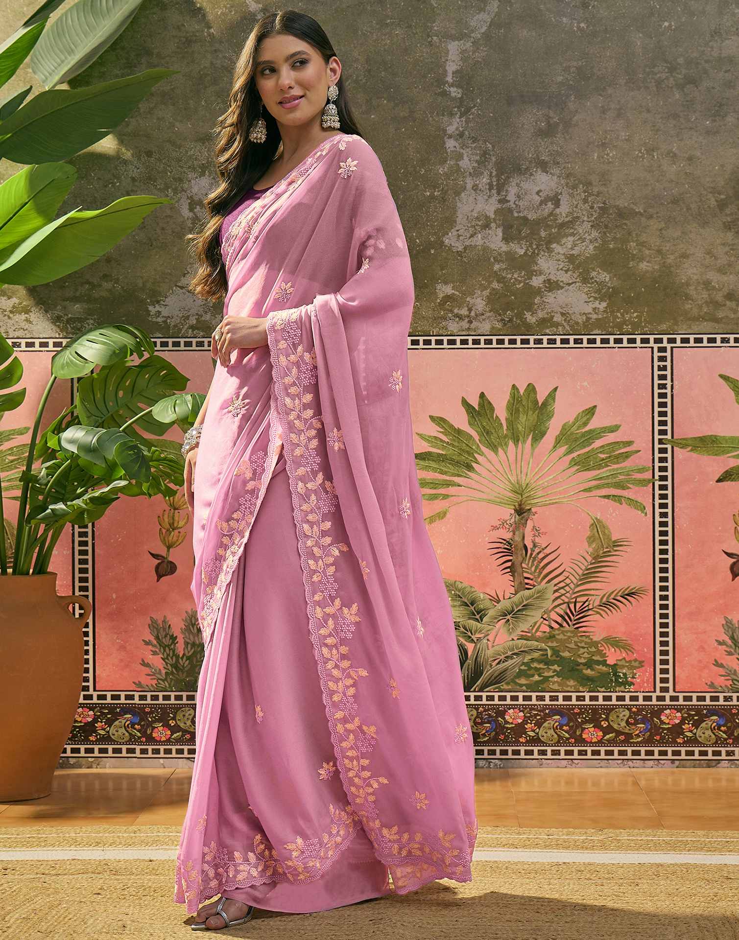 Light Pink Shimmer Embroidery Saree - Image 4