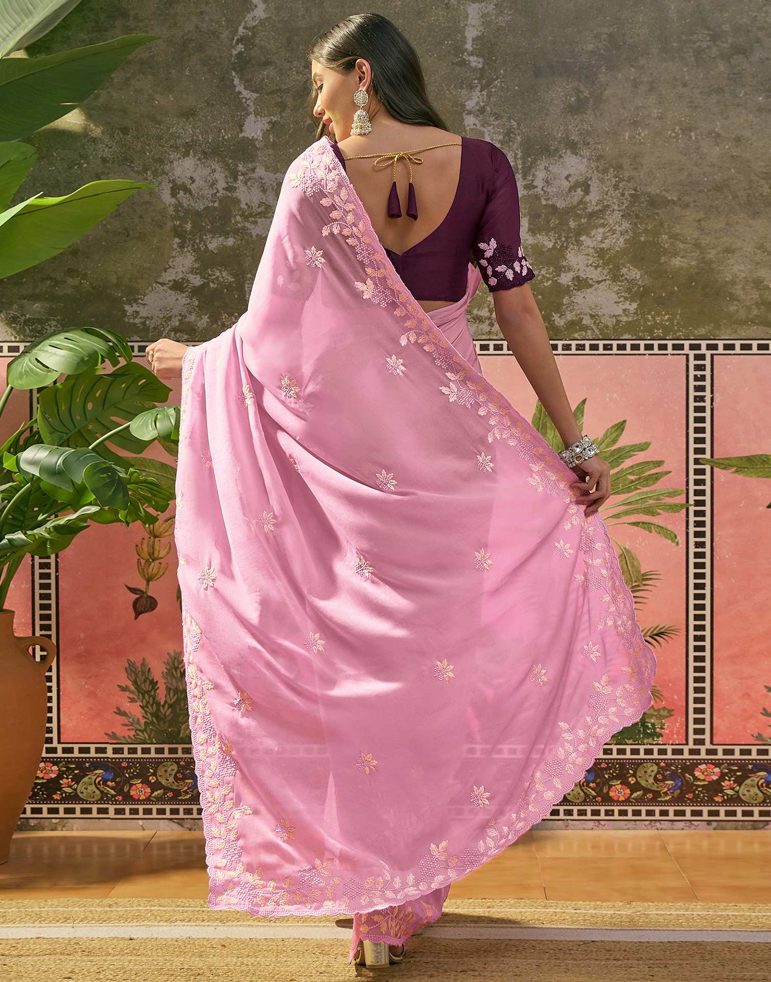 Light Pink Shimmer Embroidery Saree - Image 6