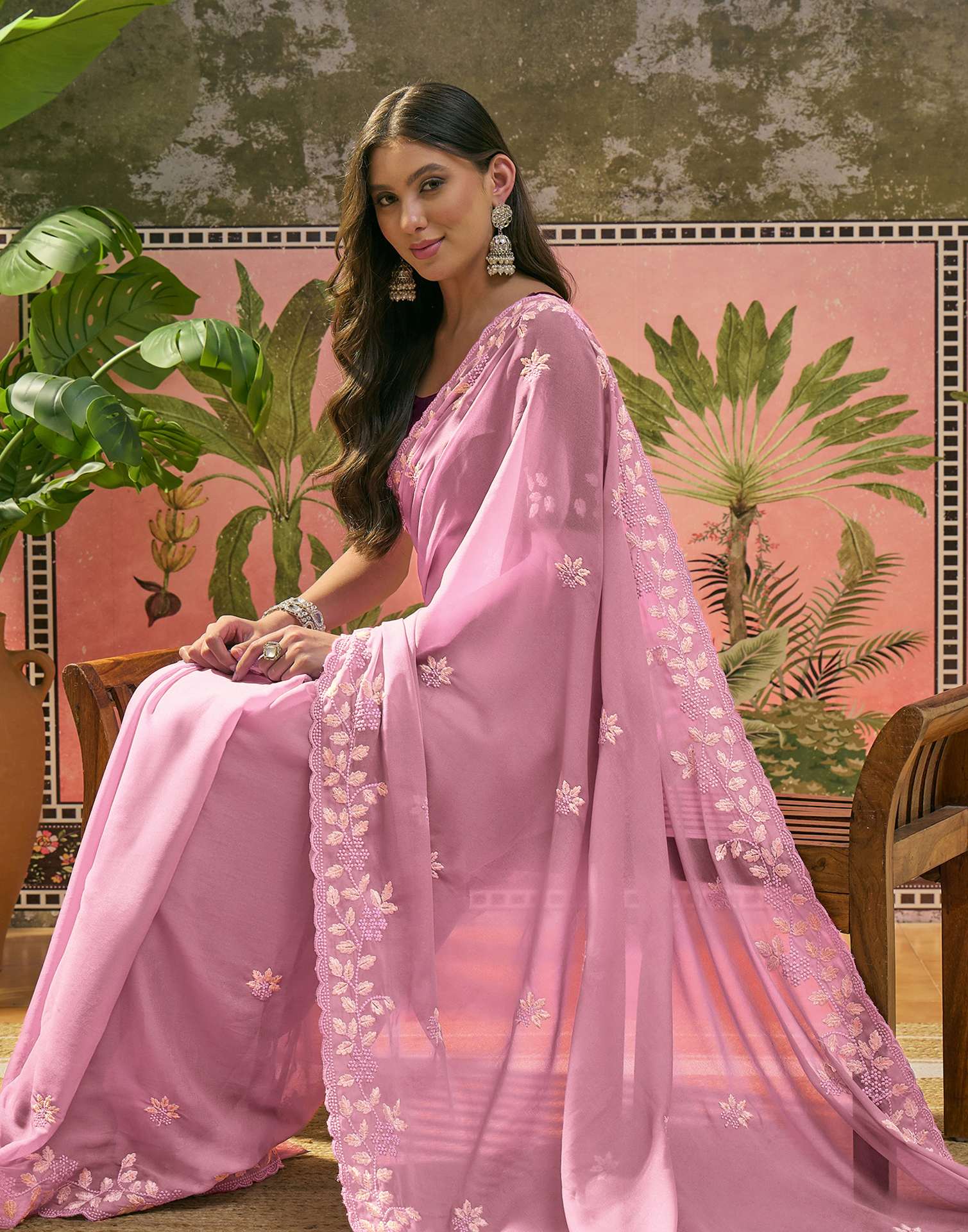 Light Pink Shimmer Embroidery Saree - Image 7