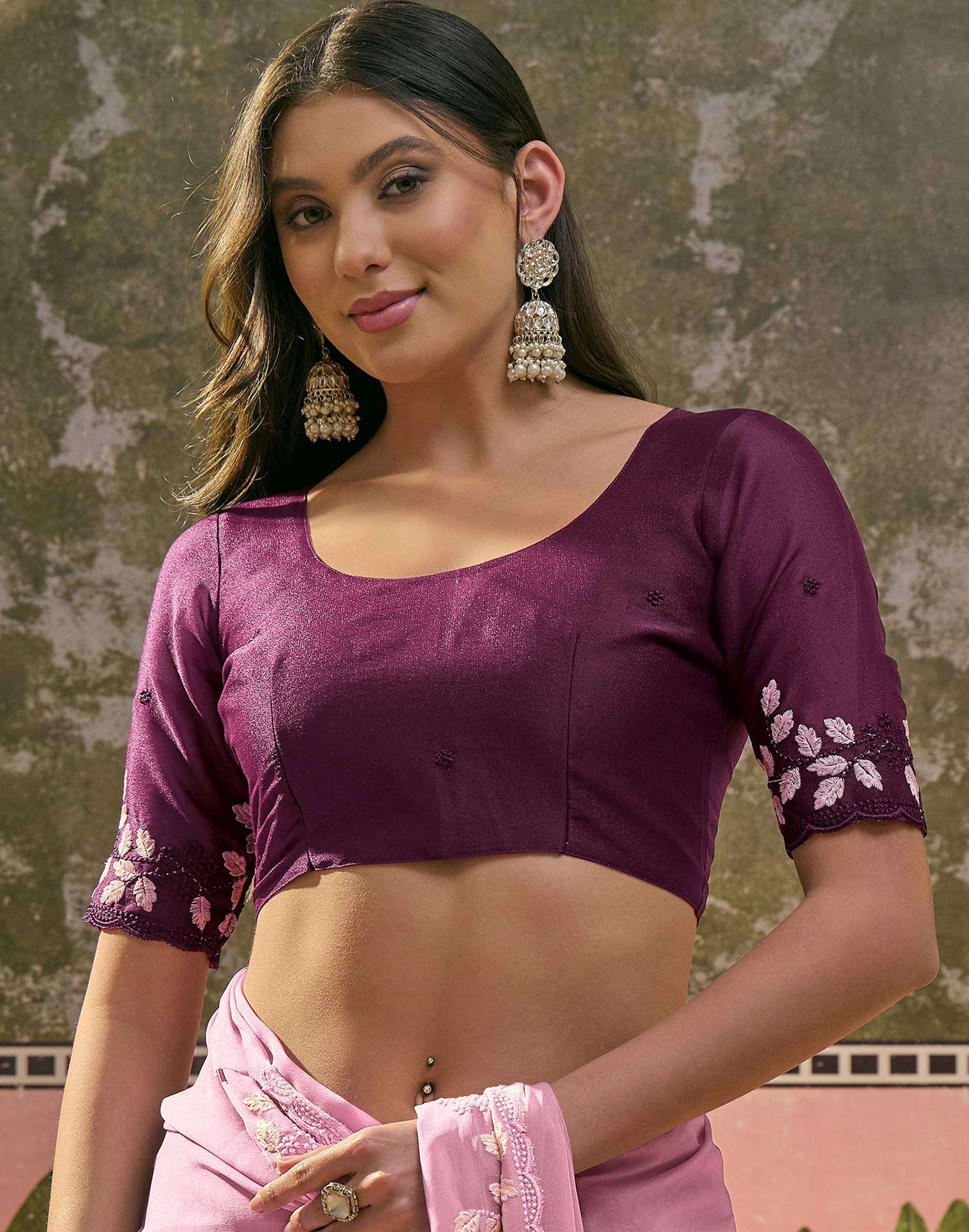 Light Pink Shimmer Embroidery Saree - Image 8