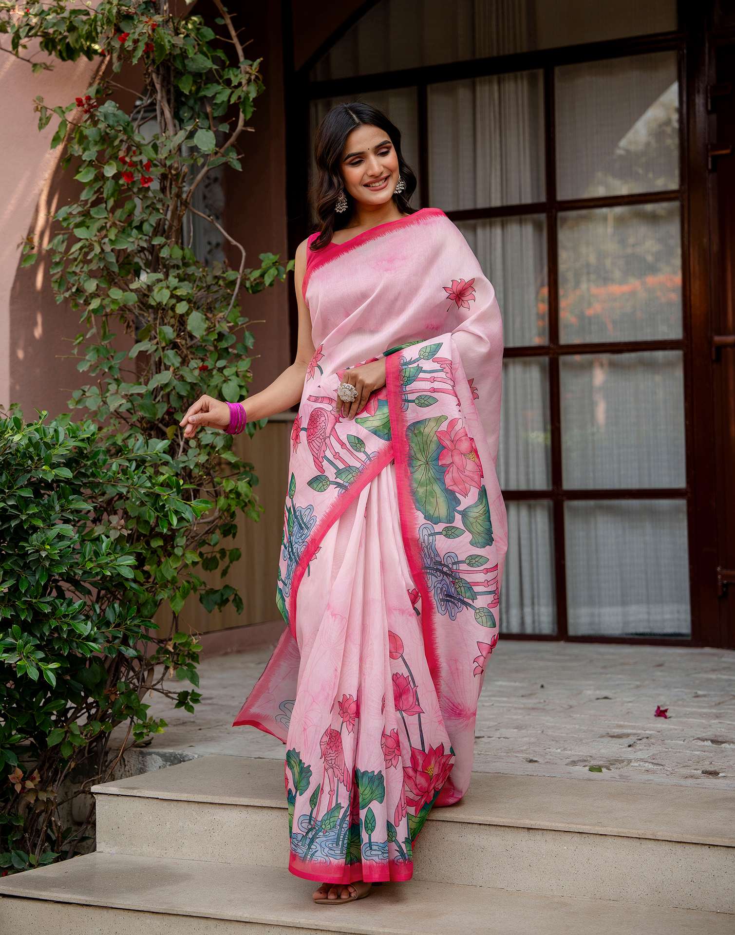 Light Pink Shimmer Silk Floral Printed Saree - Image 7