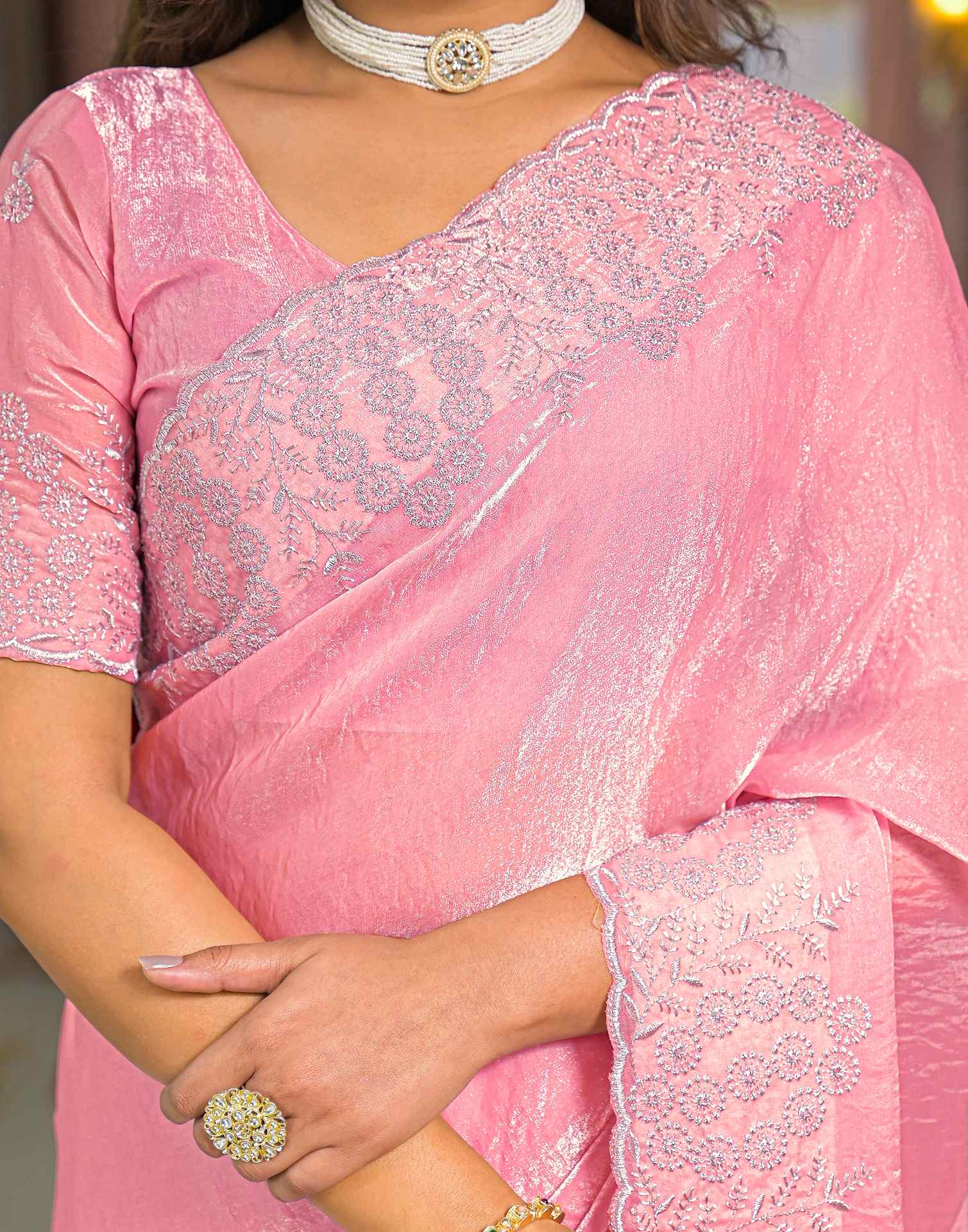 Light Pink Shimmer Tissue Embroidery Saree - Image 8