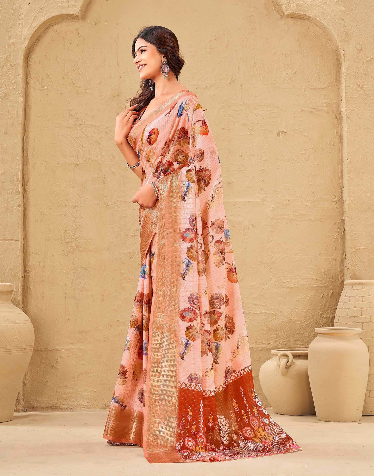 Light Pink Silk Floral Printed Woven Border Saree - Image 4
