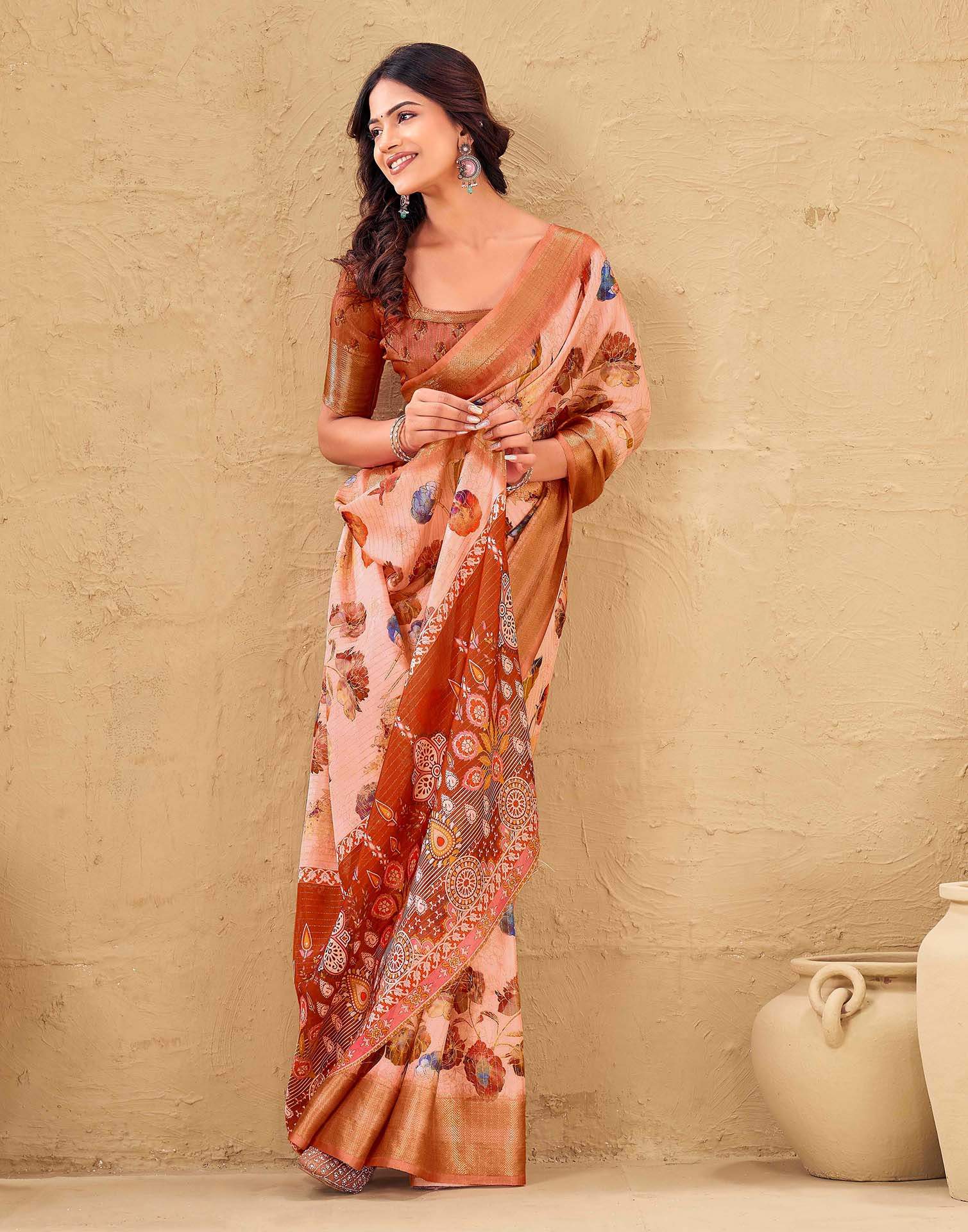 Light Pink Silk Floral Printed Woven Border Saree - Image 5
