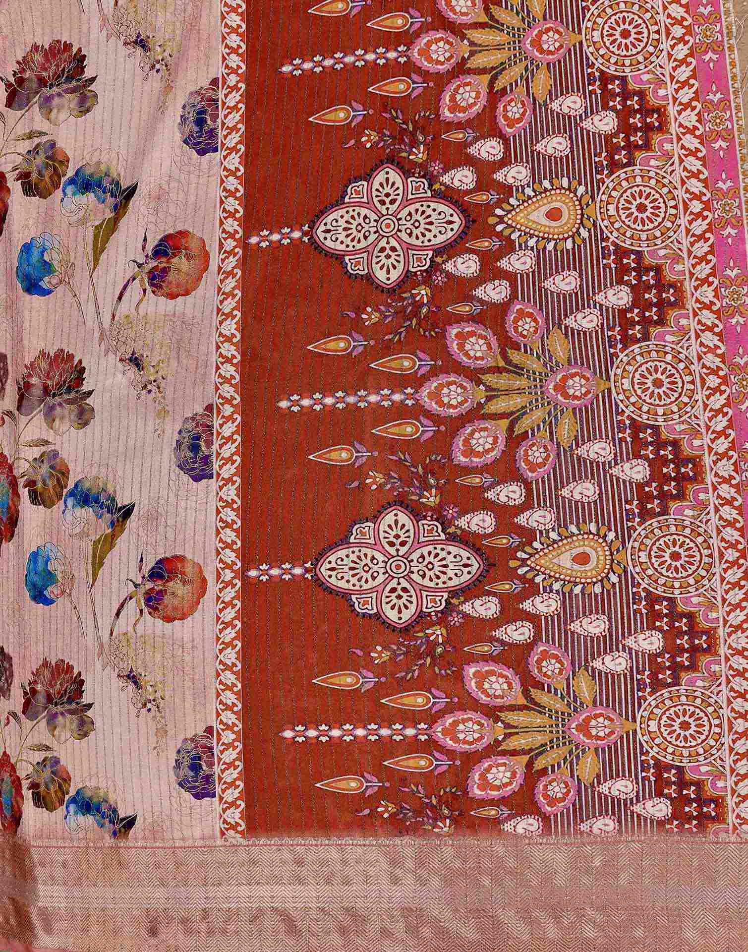 Light Pink Silk Floral Printed Woven Border Saree - Image 8