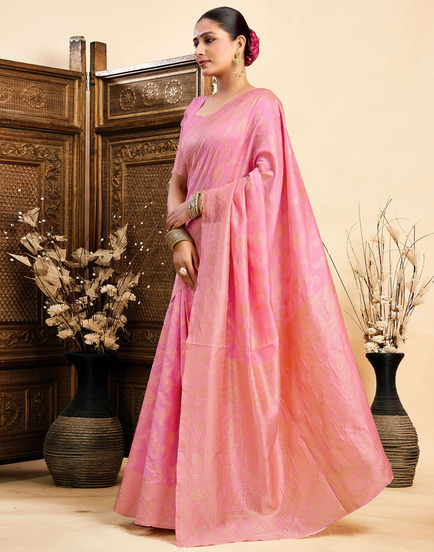 Light Pink Silk Woven Banarasi Saree - Image 6