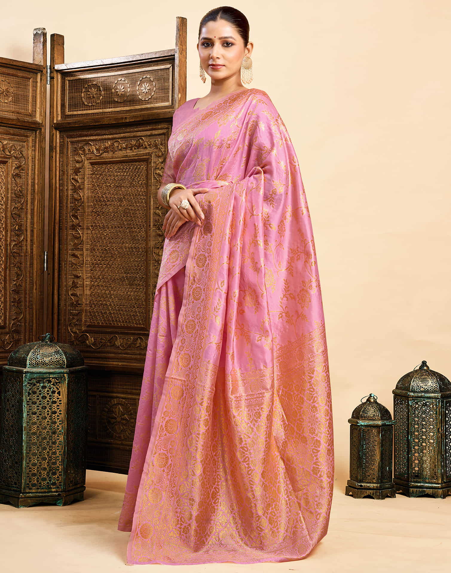 Light Pink Silk Woven Banarasi Saree - Image 6
