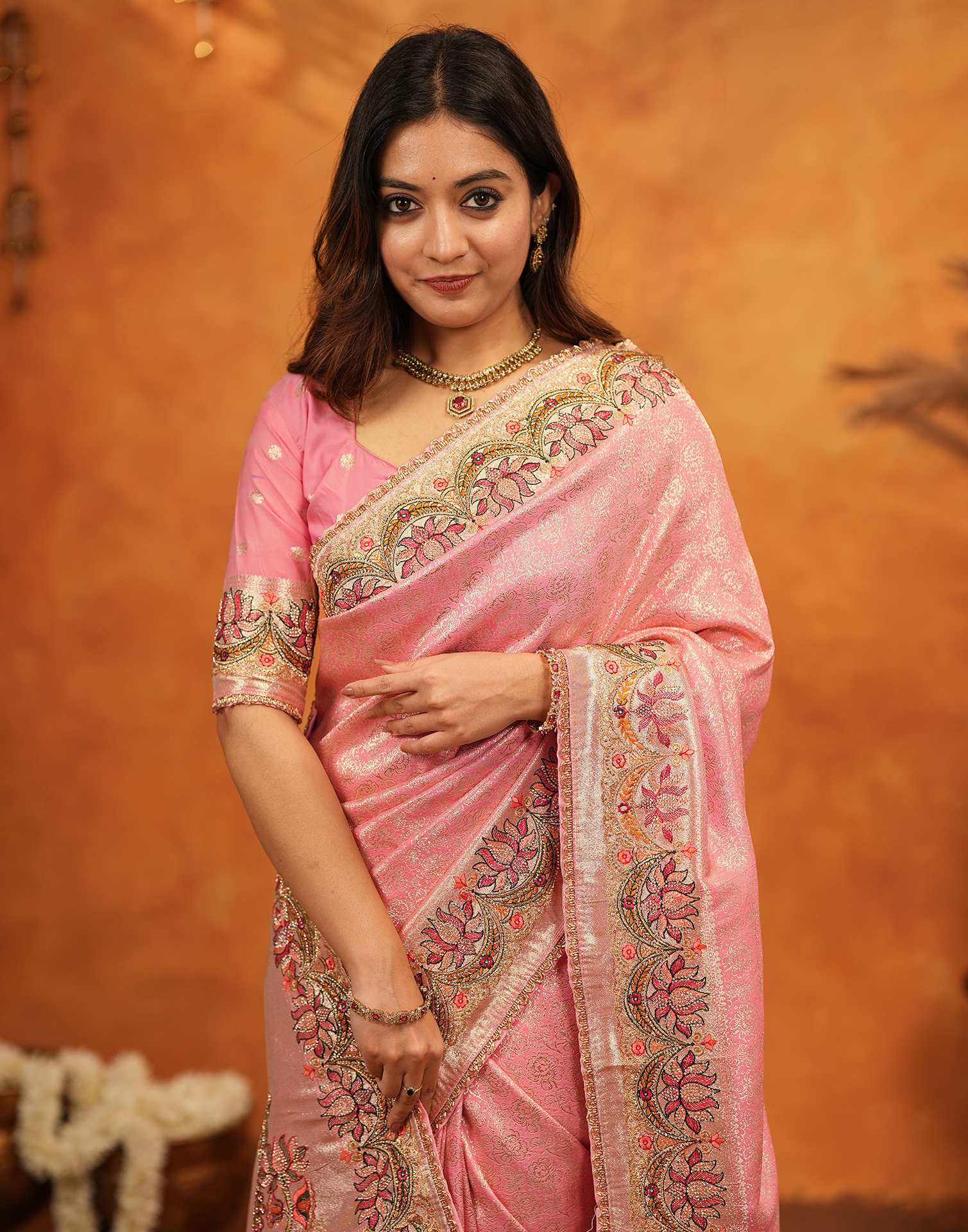 Light Pink Silk Woven Embroidery Stone Work Banarasi Saree - Image 2