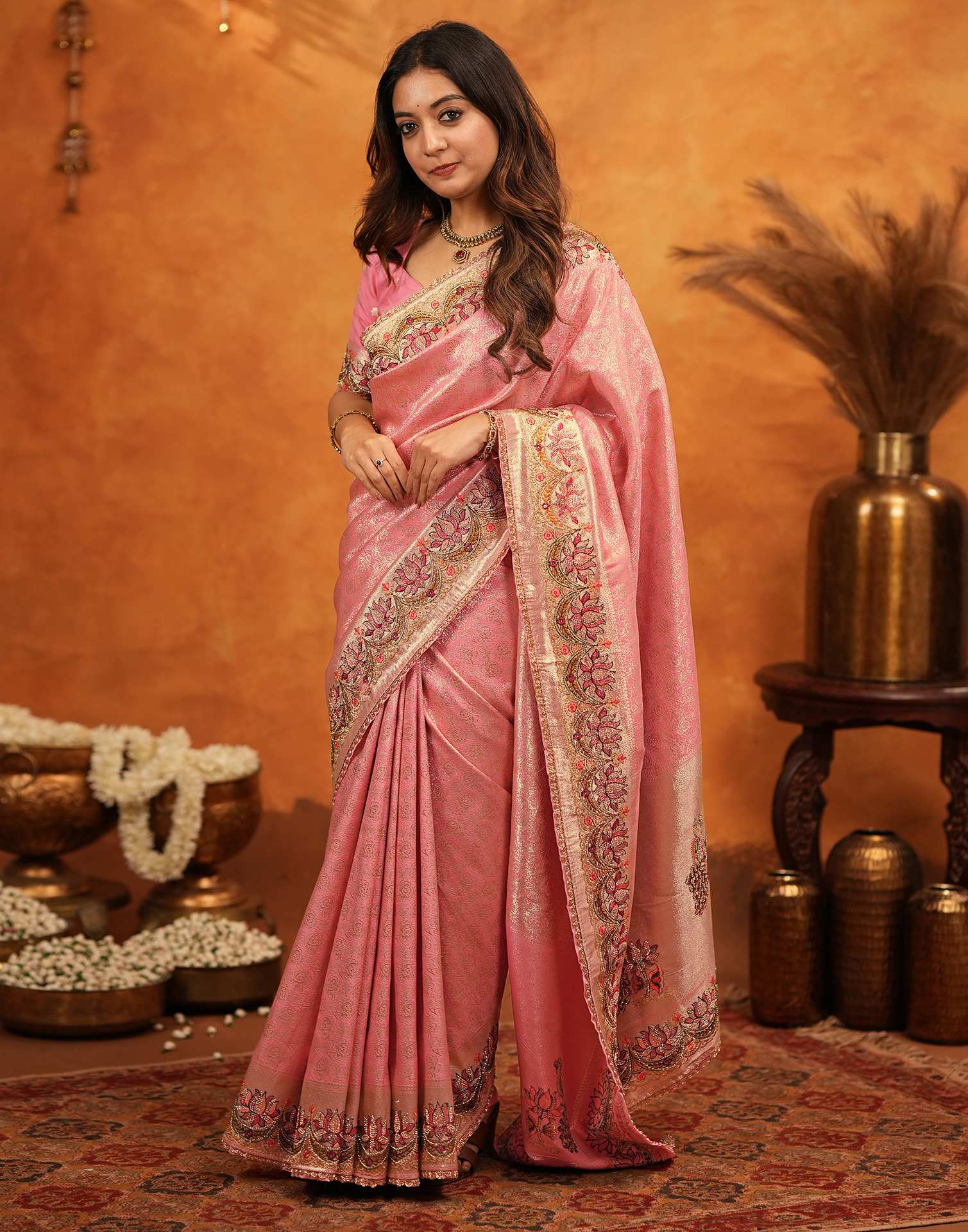 Light Pink Silk Woven Embroidery Stone Work Banarasi Saree - Image 7