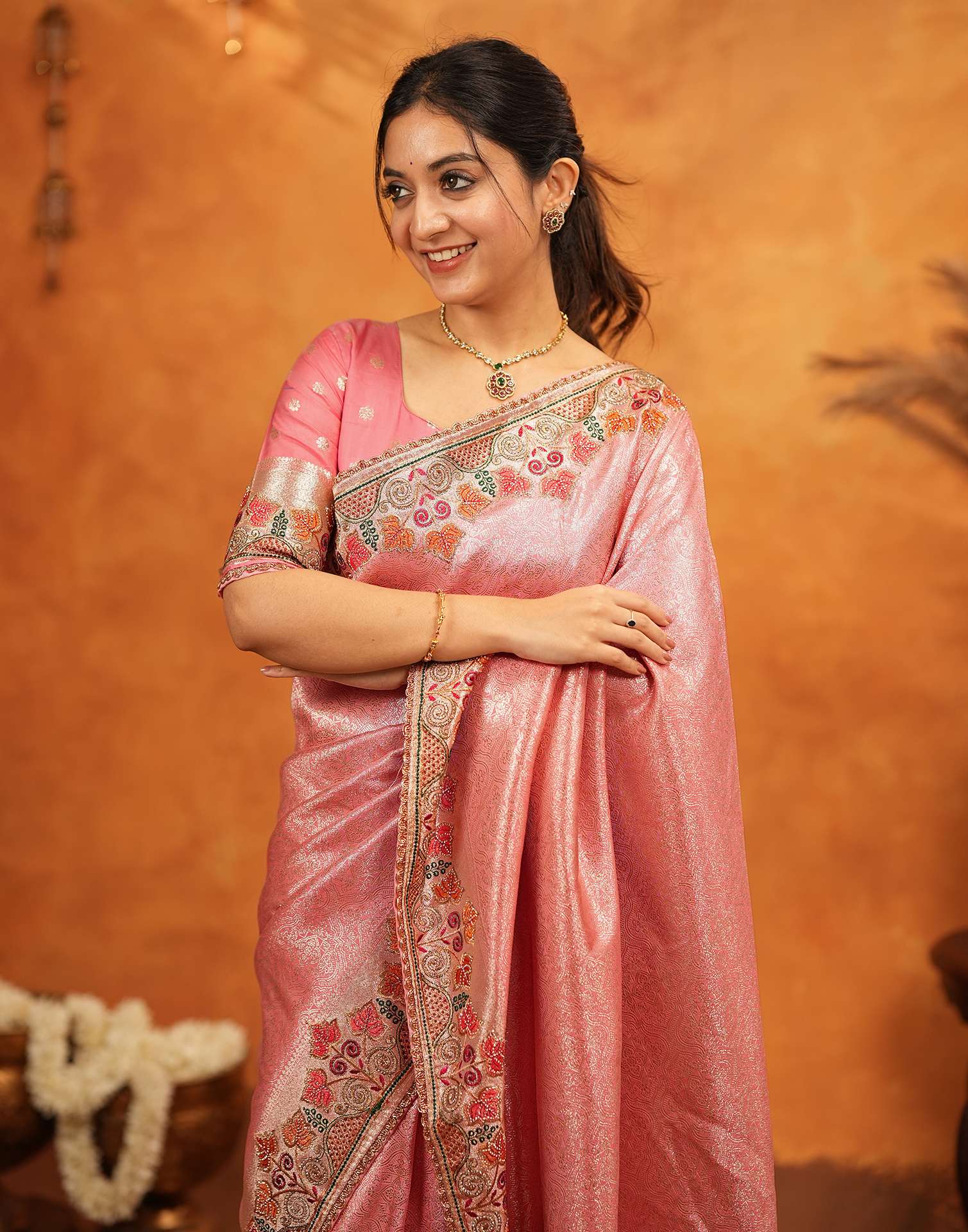 Light Pink Silk Woven Embroidery Stone Work Banarasi Saree - Image 10