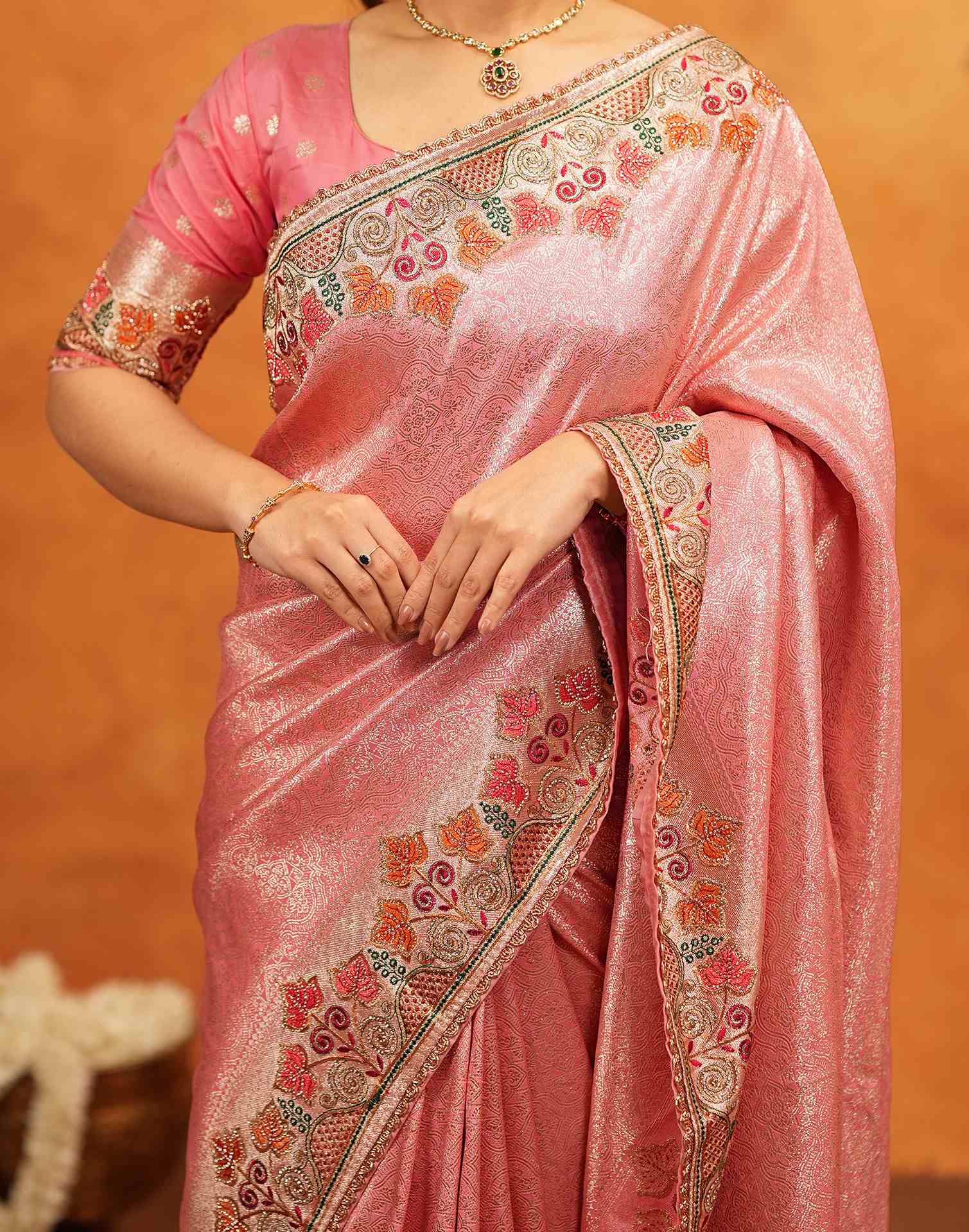Light Pink Silk Woven Embroidery Stone Work Banarasi Saree - Image 12