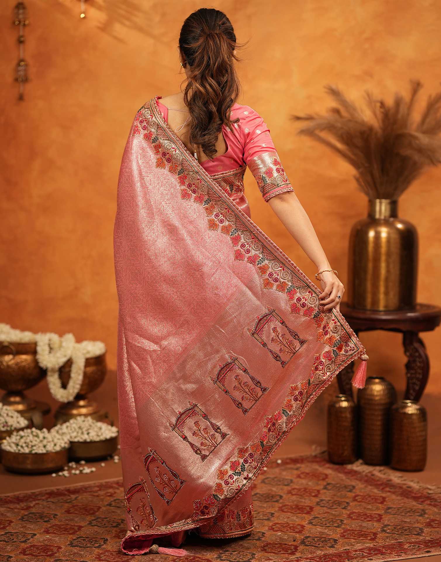 Light Pink Silk Woven Embroidery Stone Work Banarasi Saree - Image 6