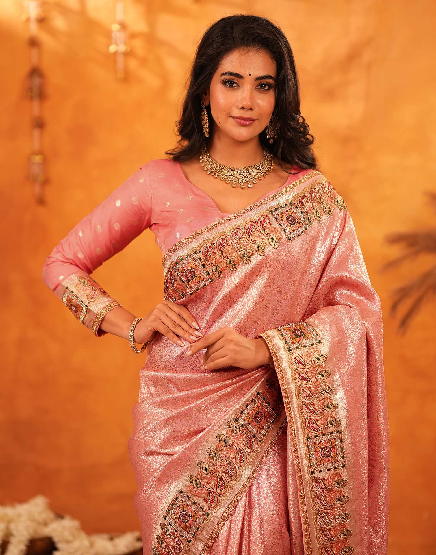 Light Pink Silk Woven Embroidery Stone Work Banarasi Saree - Image 9