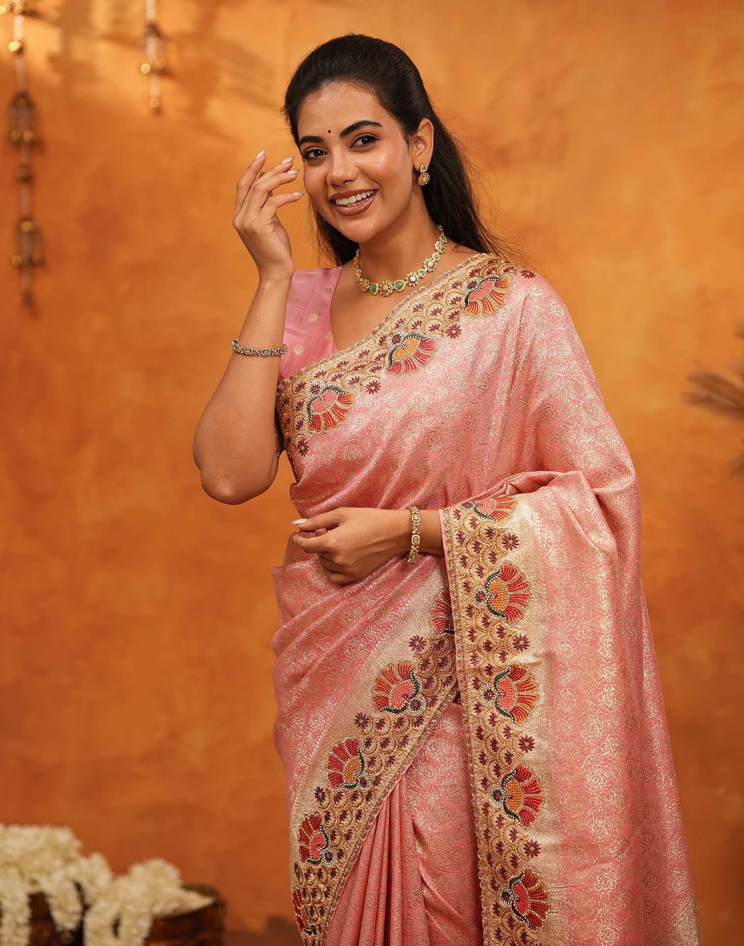 Light Pink Silk Woven Embroidery Stone Work Banarasi Saree - Image 2