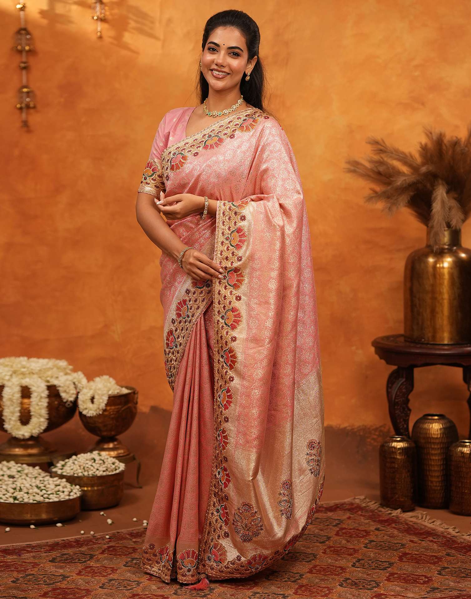 Light Pink Silk Woven Embroidery Stone Work Banarasi Saree - Image 4