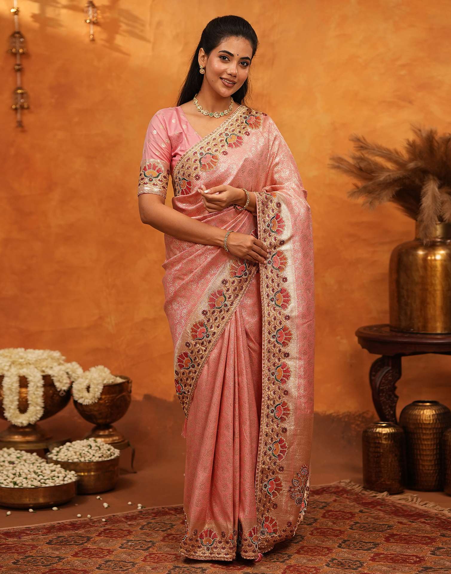 Light Pink Silk Woven Embroidery Stone Work Banarasi Saree - Image 5