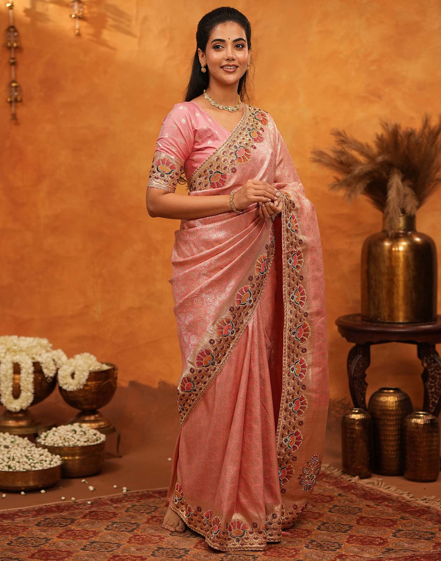 Light Pink Silk Woven Embroidery Stone Work Banarasi Saree - Image 7