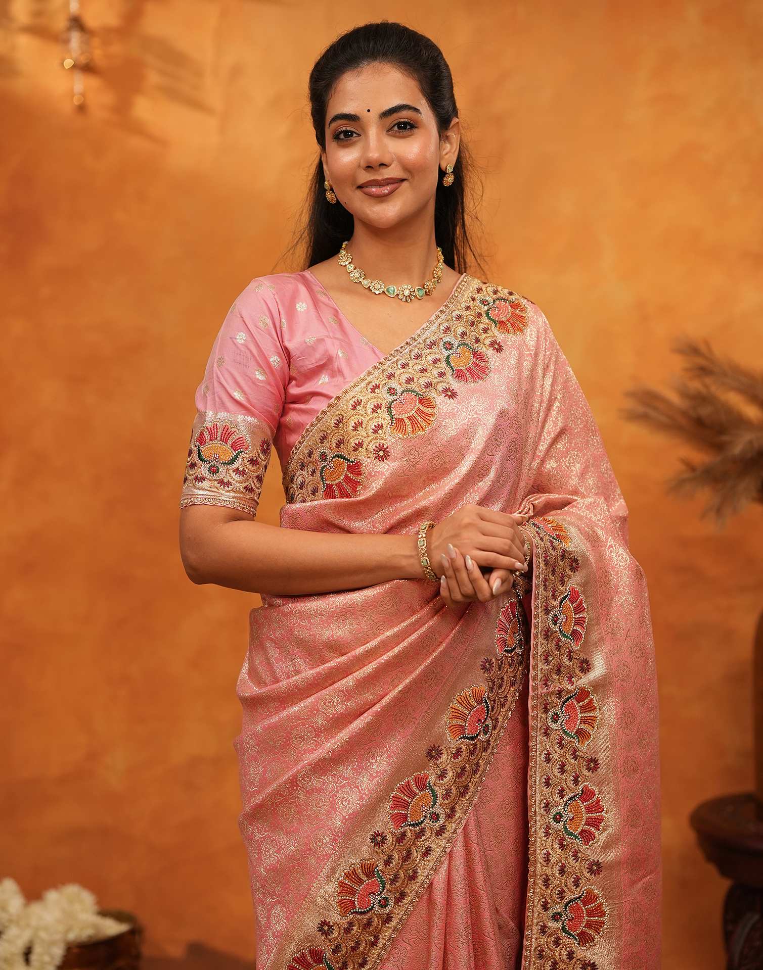 Light Pink Silk Woven Embroidery Stone Work Banarasi Saree - Image 8