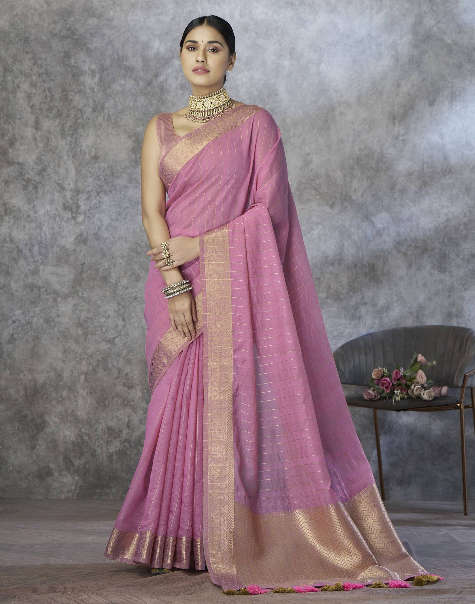 Light Pink Silk Woven Zari Stripe Saree