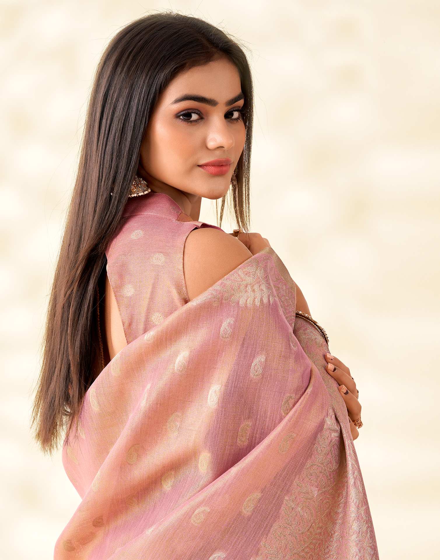 Light Pink Tissue Linen Woven Saree - Image 2