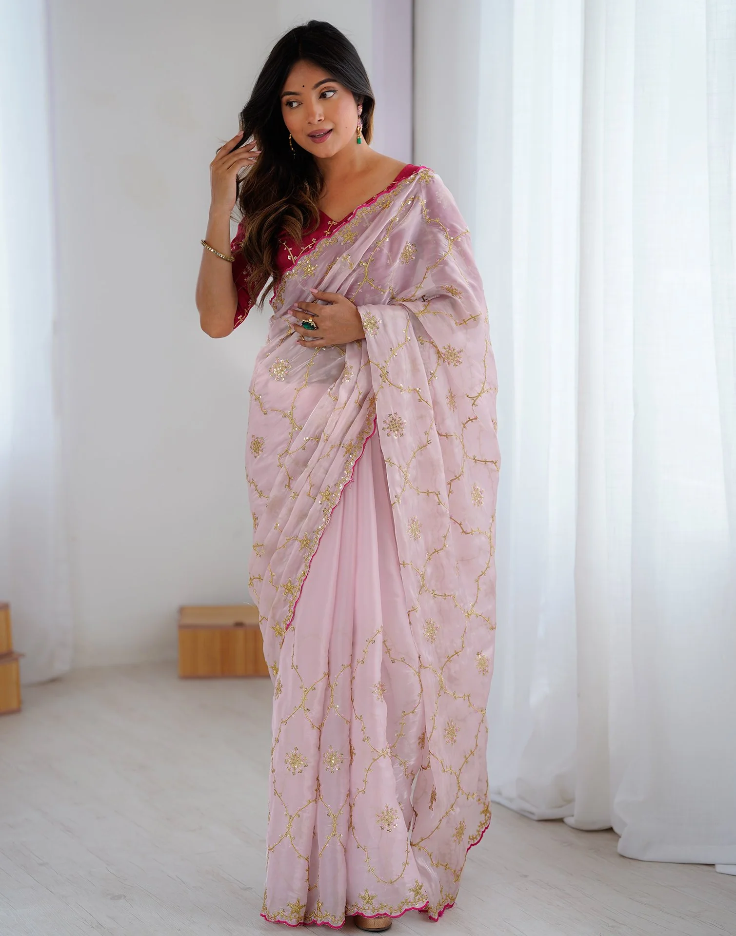 Light Pink Tissue Silk Sequence Embroidery Saree - Image 7