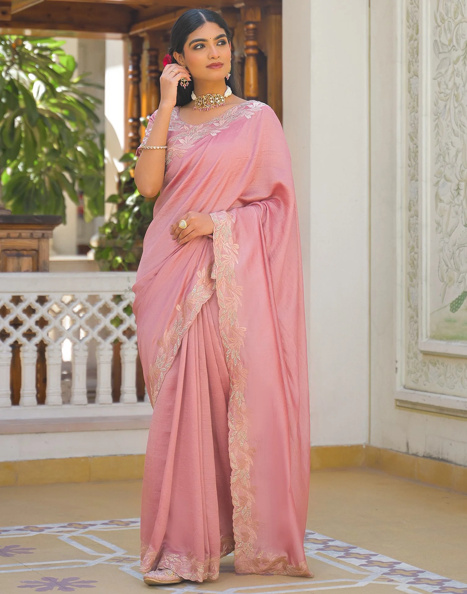 Light Pink Vichitra Silk Embroidery Saree - Image 5