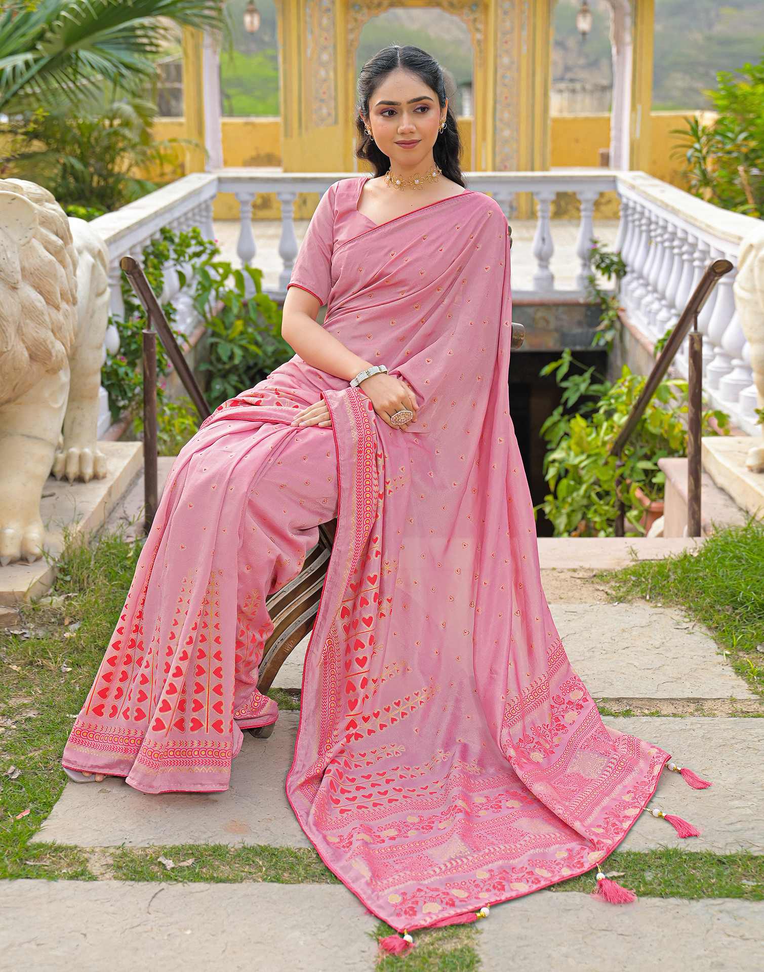 Light Pink Vichitra Silk Foil Printed Saree - Image 8