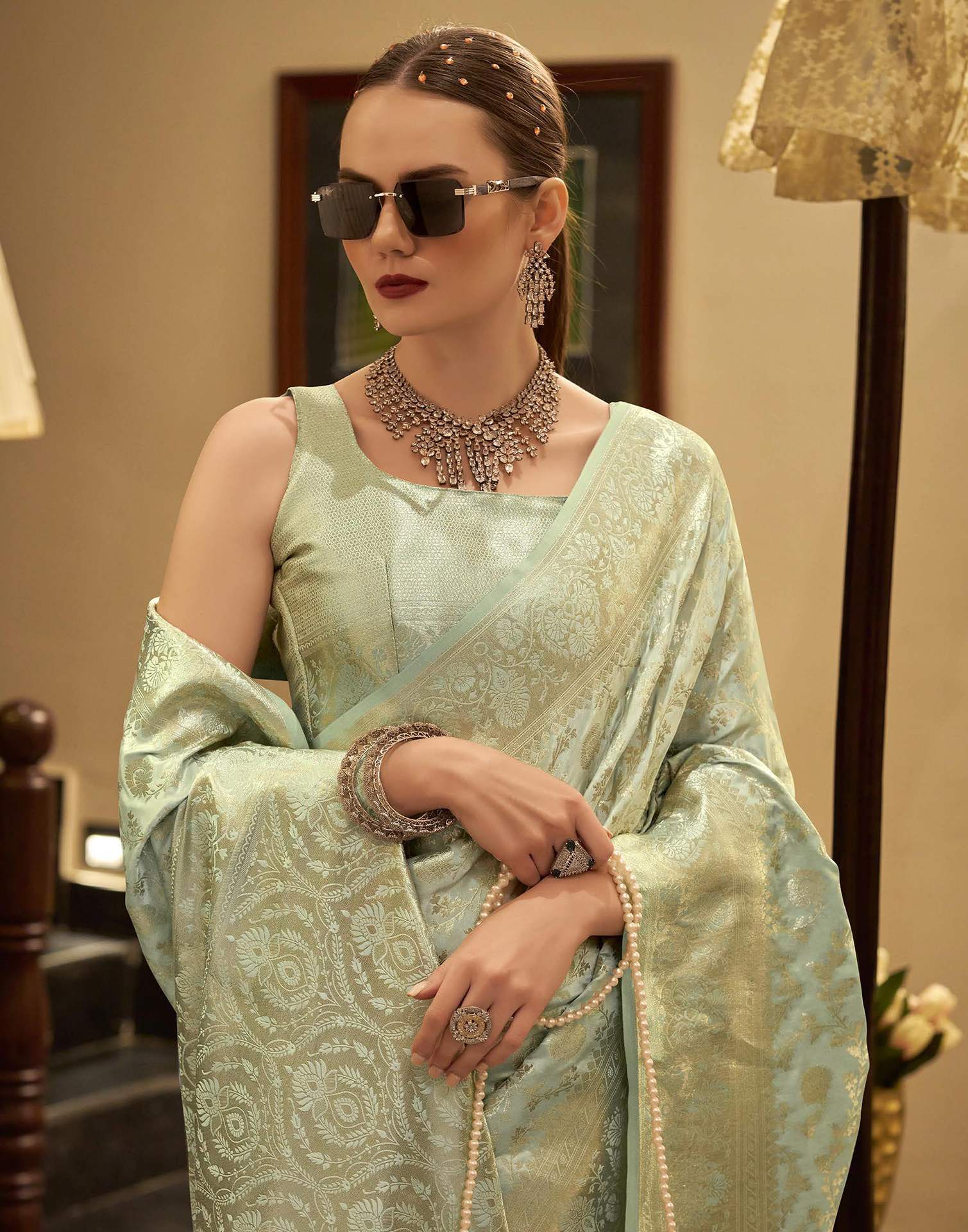 Light Pista Green Satin Woven Banarasi Saree - Image 4