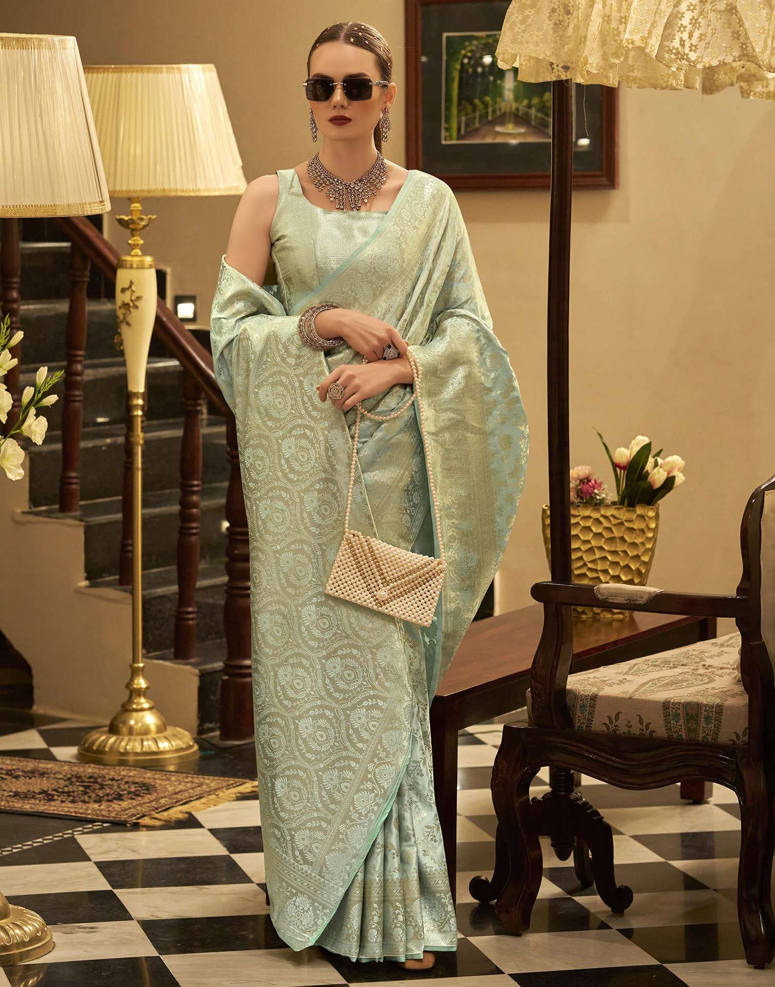 Light Pista Green Satin Woven Banarasi Saree - Image 5