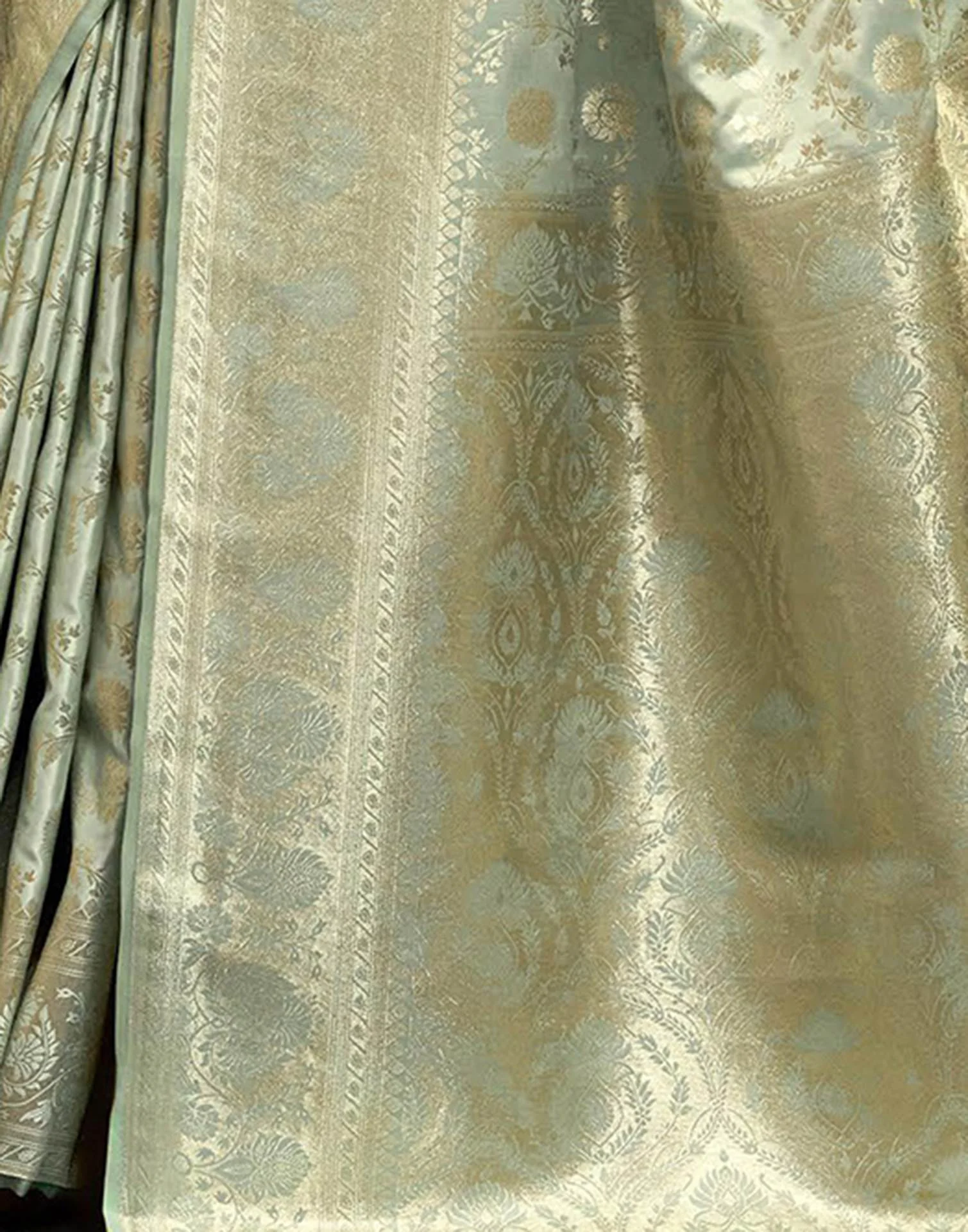Light Pista Green Satin Woven Banarasi Saree - Image 6