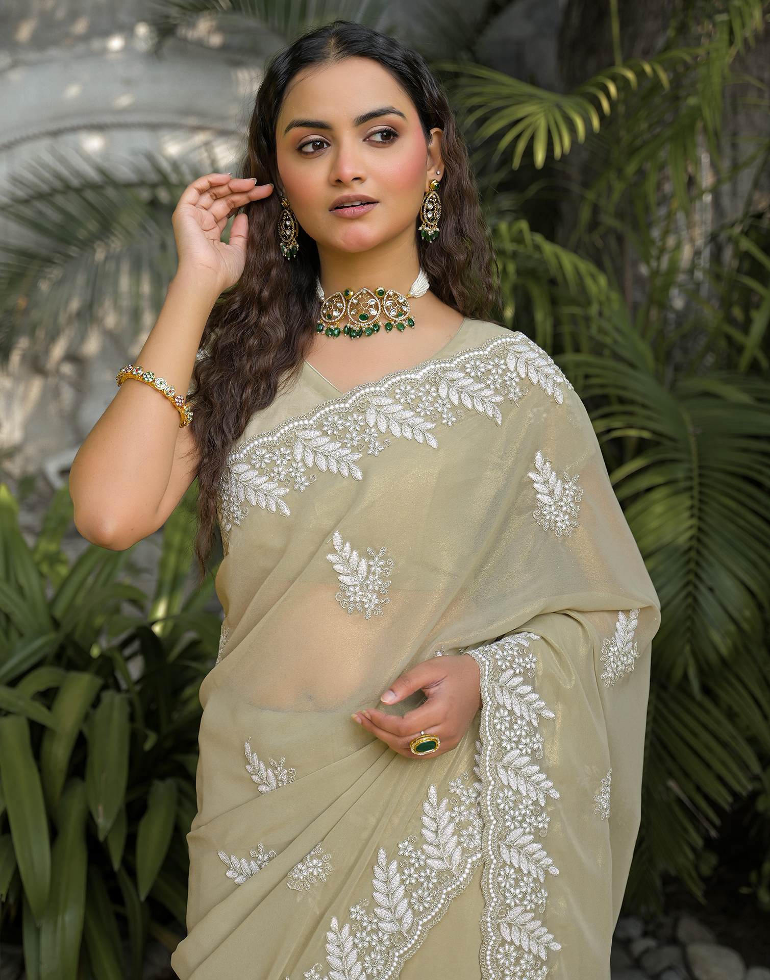 Light Pista Green Shimmer Georgette Sequence Embroidery saree - Image 2