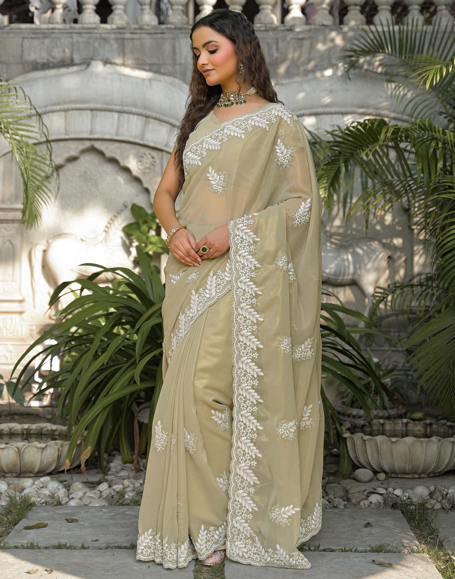 Light Pista Green Shimmer Georgette Sequence Embroidery saree - Image 4