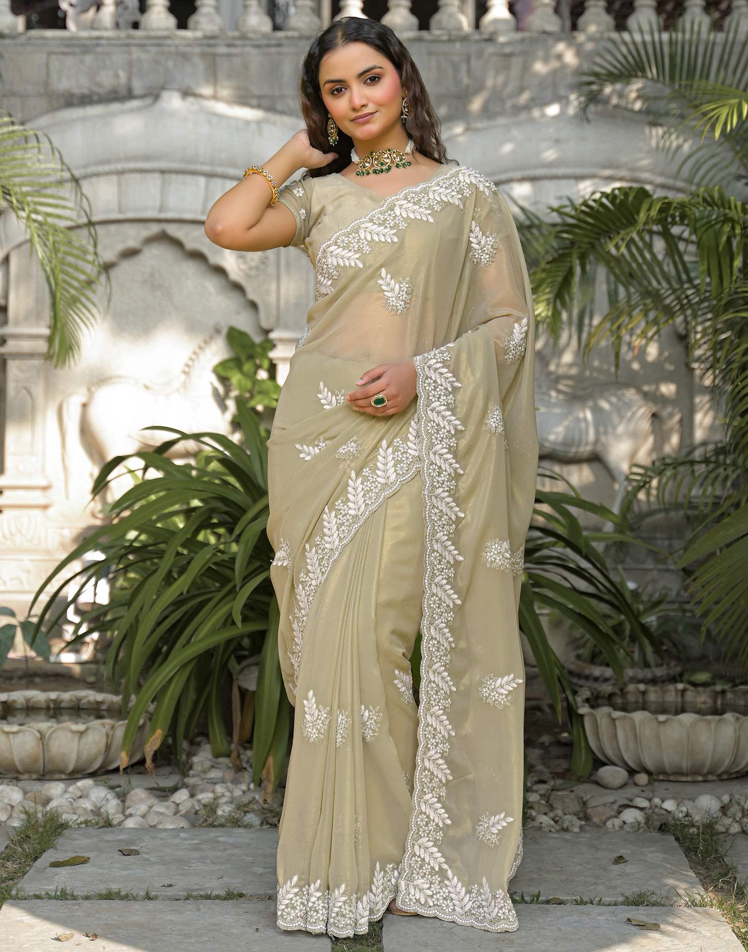 Light Pista Green Shimmer Georgette Sequence Embroidery saree - Image 7