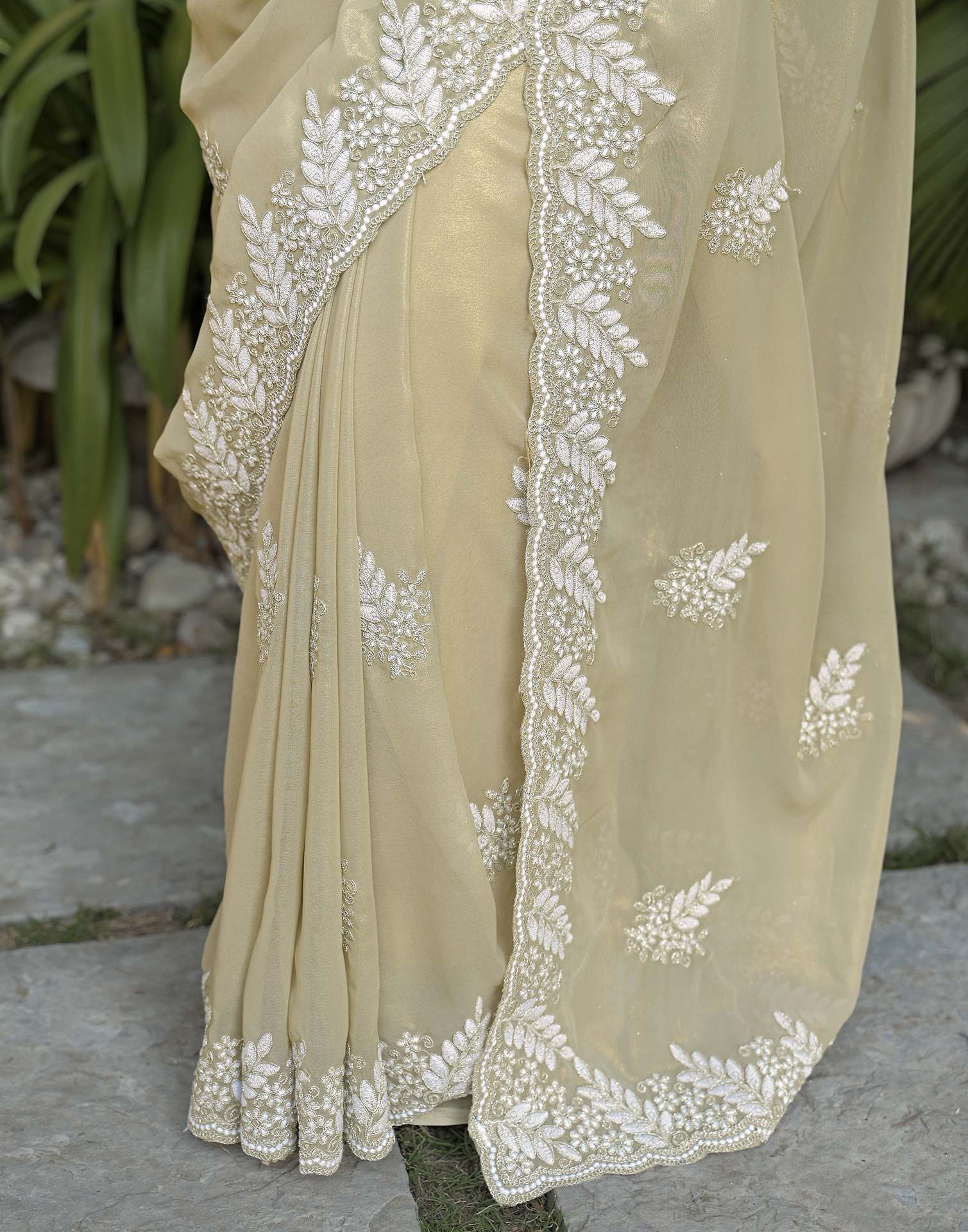 Light Pista Green Shimmer Georgette Sequence Embroidery saree - Image 9