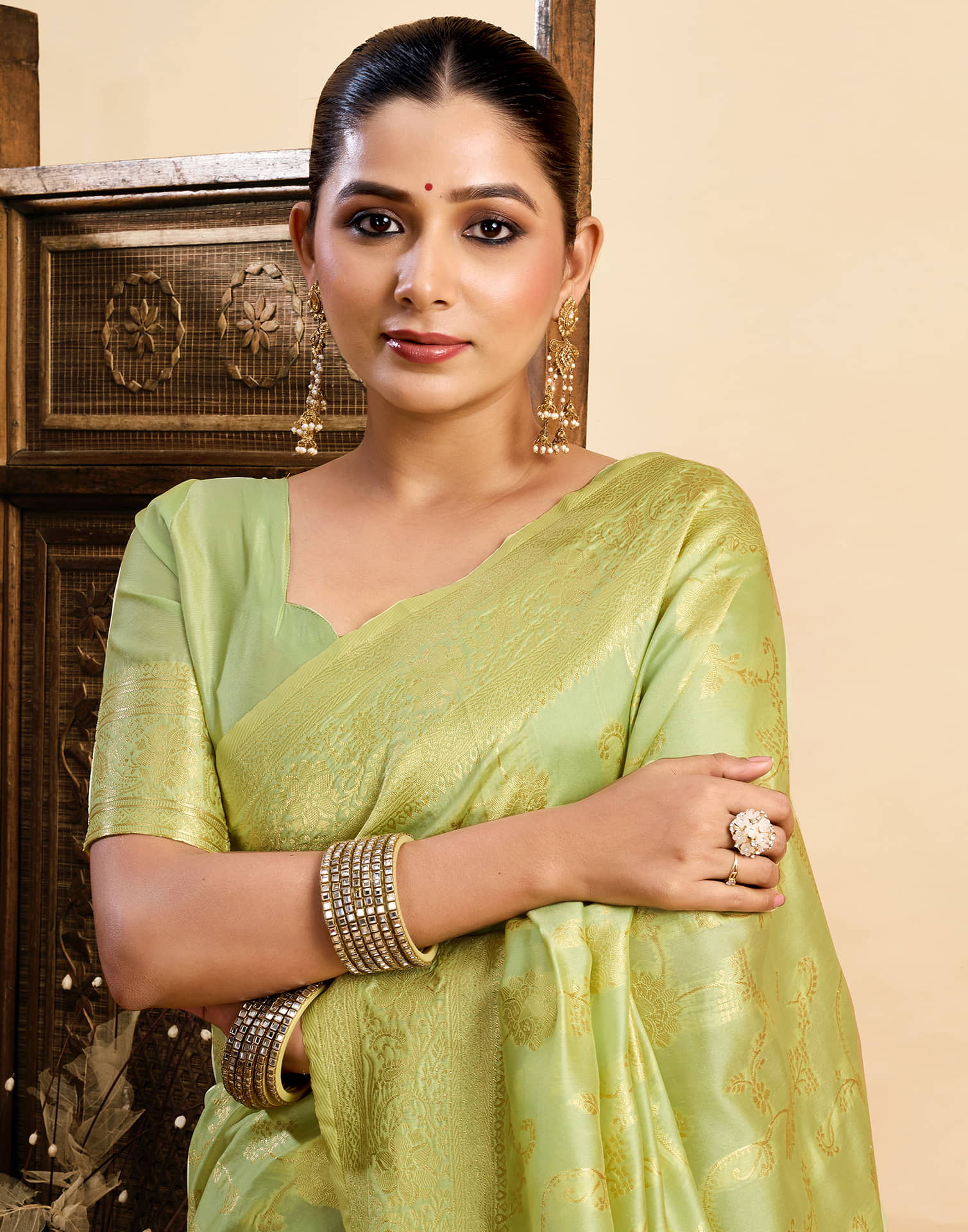 Light Pista Green Silk Woven Banarasi Saree - Image 2