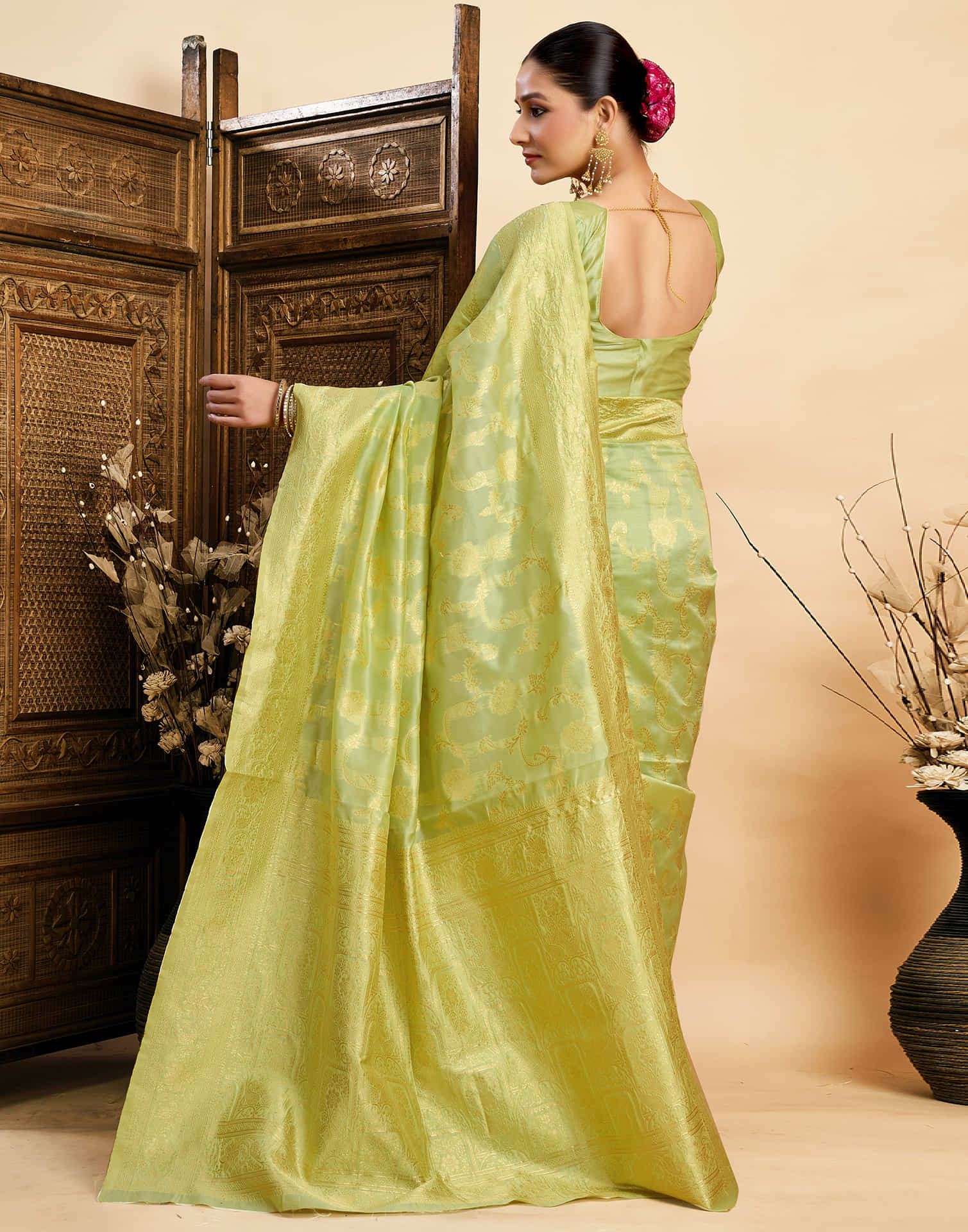 Light Pista Green Silk Woven Banarasi Saree - Image 6