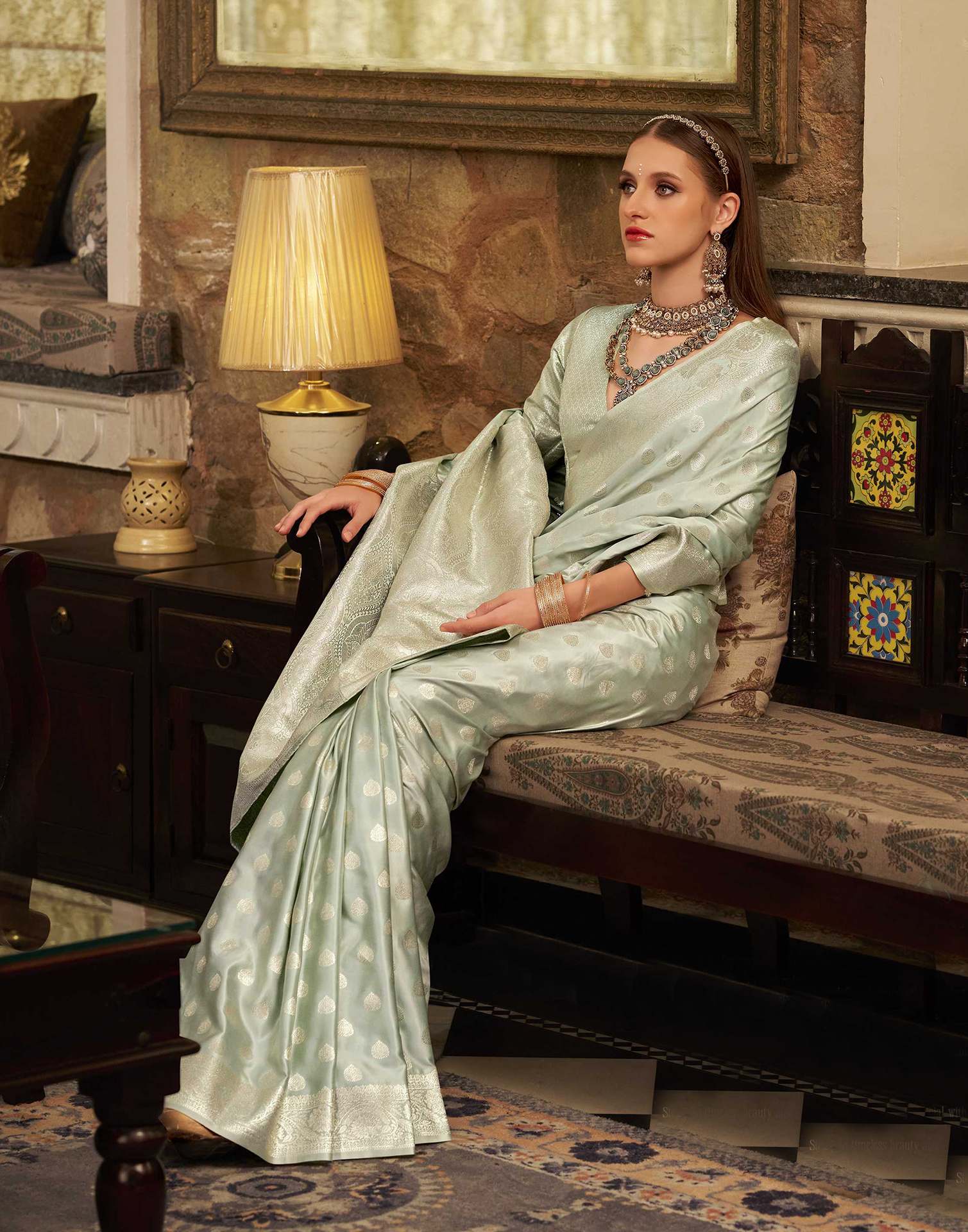 Light Pista Green Silk Woven Banarasi Saree - Image 2