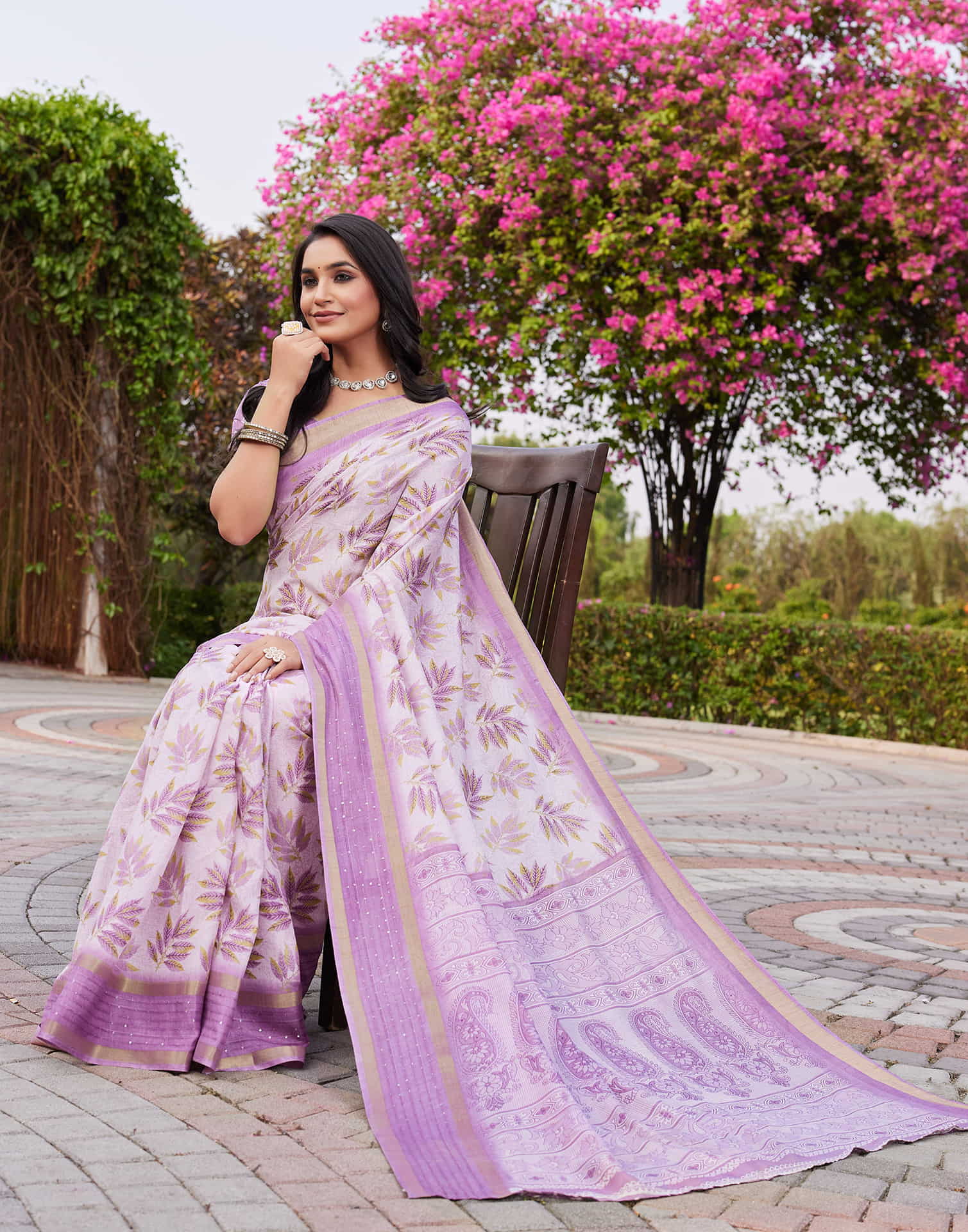 Light Purple Chanderi Printed Saree - Image 5