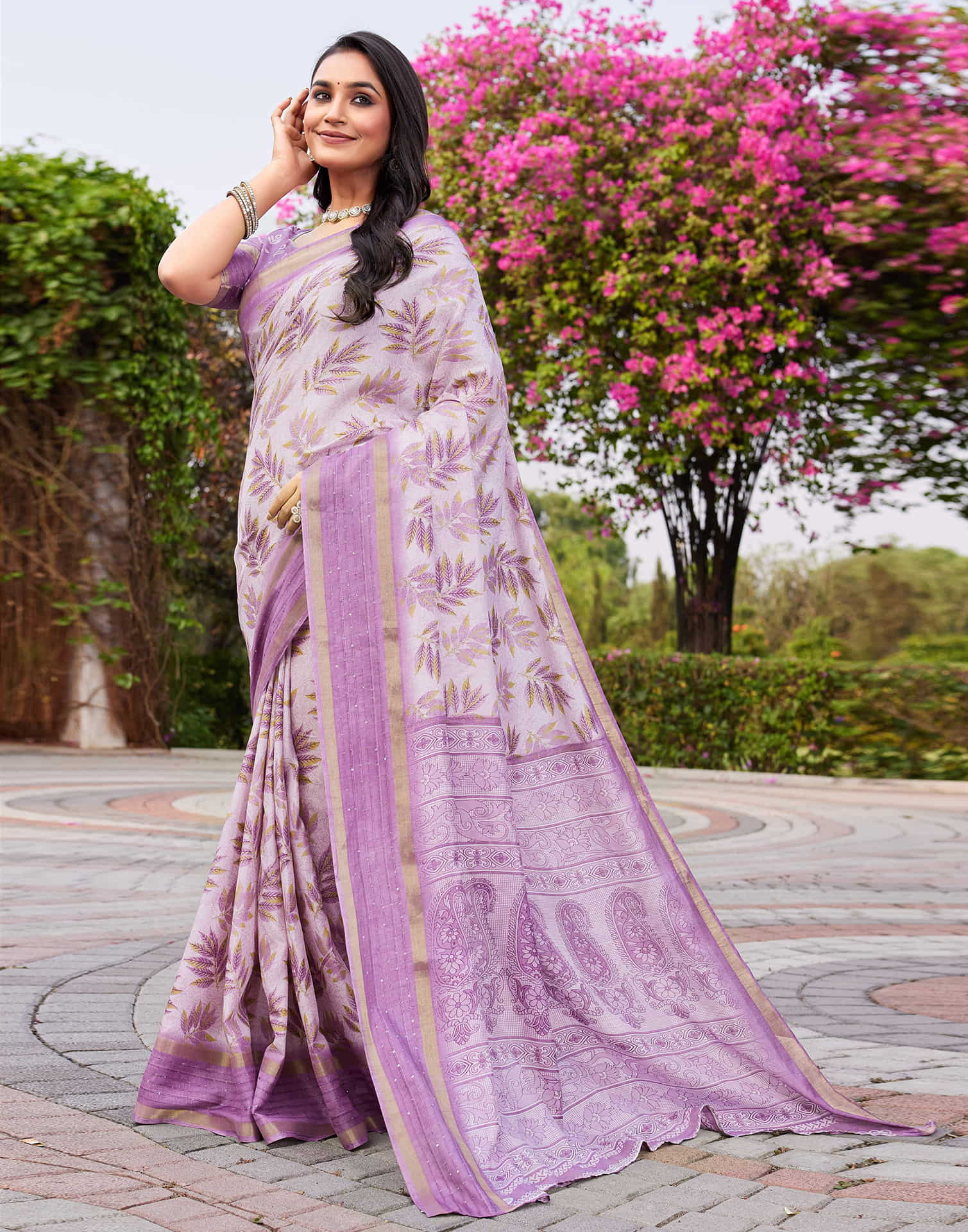 Light Purple Chanderi Printed Saree - Image 7
