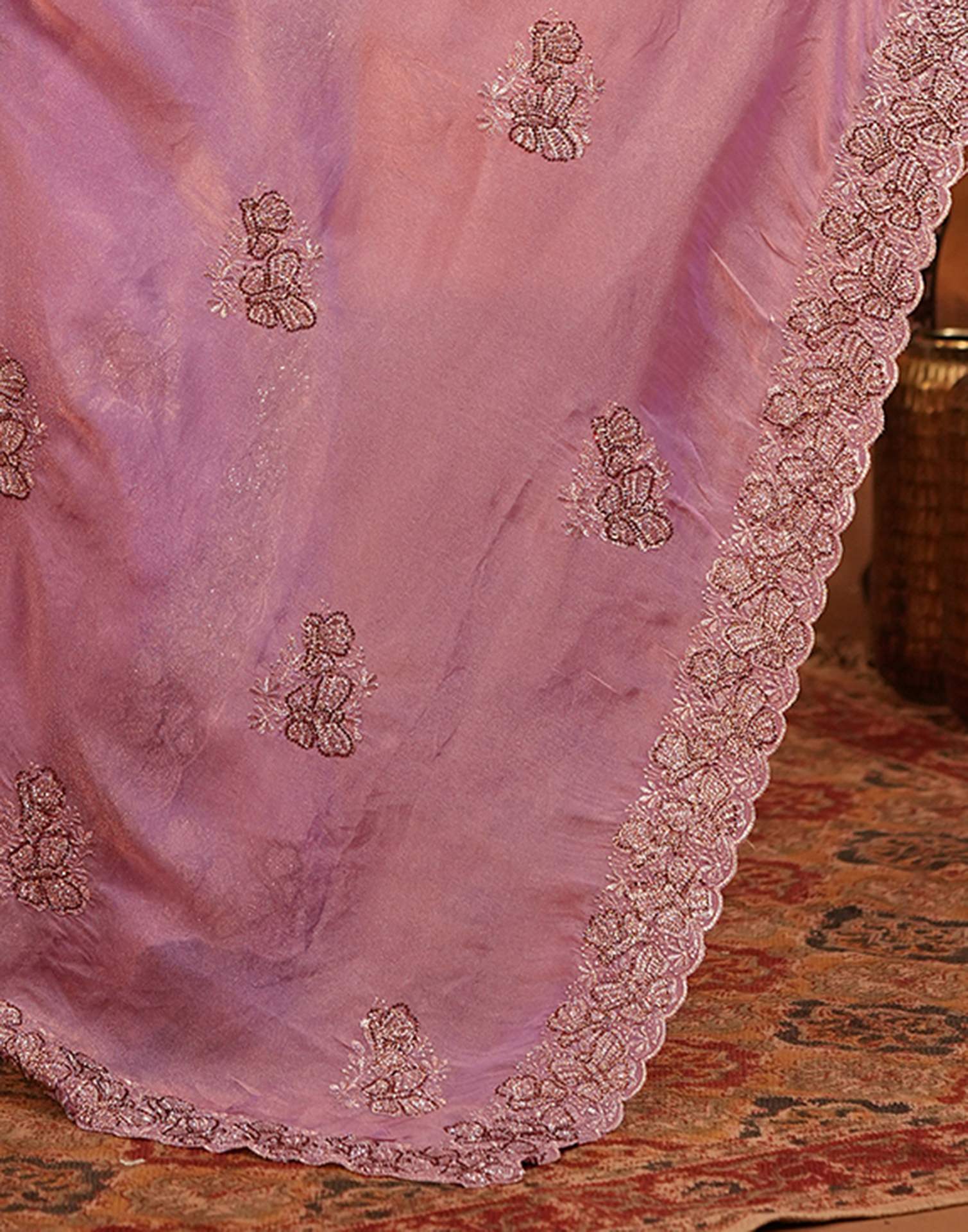 Light Purple Shimmer Silk Stone Work Embroidery Saree - Image 10