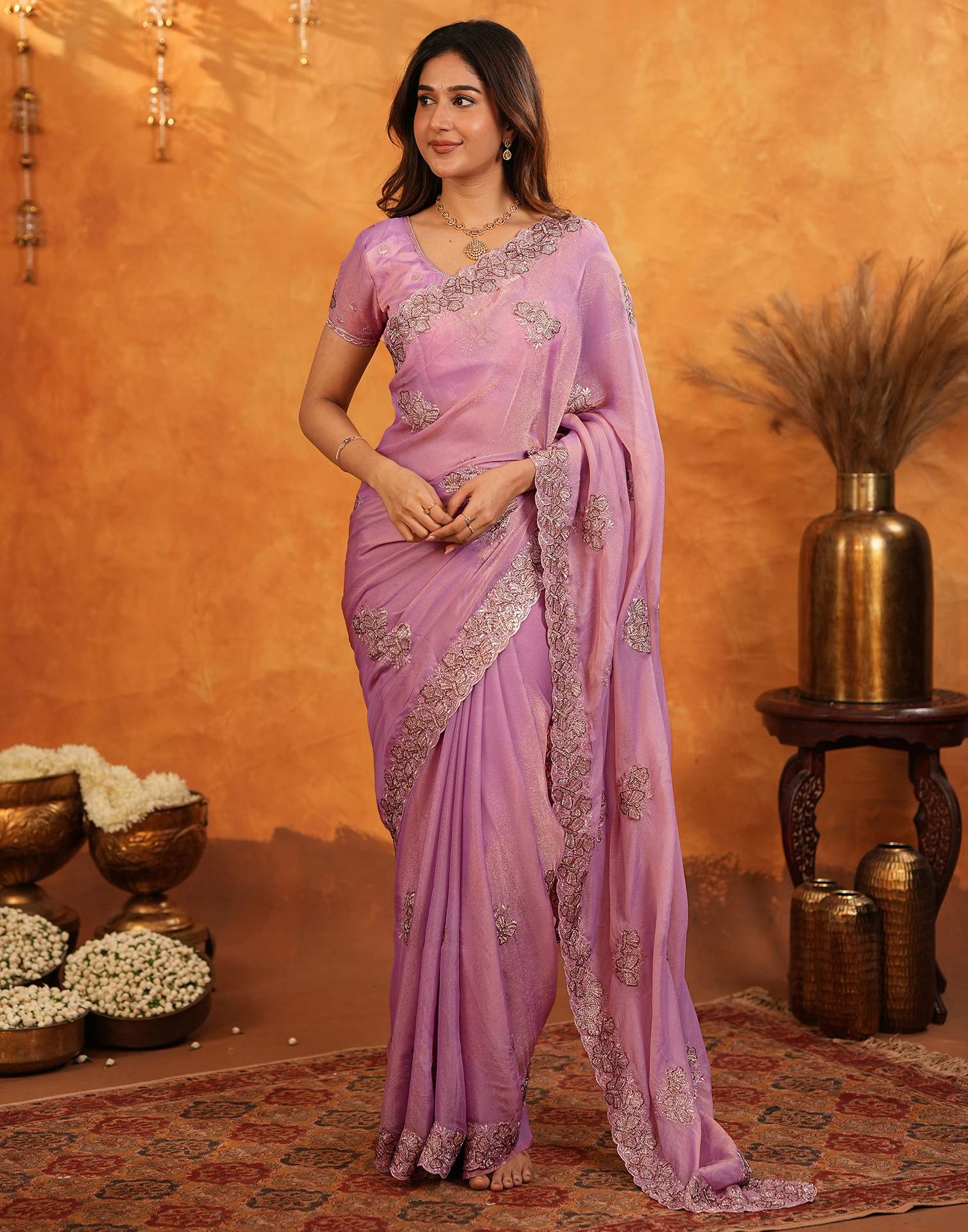 Light Purple Shimmer Silk Stone Work Embroidery Saree - Image 5