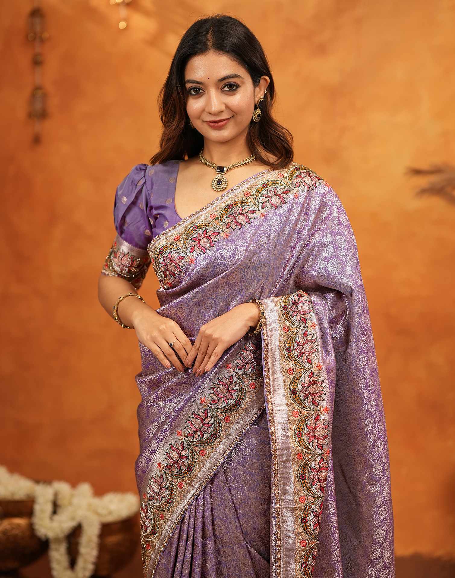 Light Purple Silk Woven Embroidery Stone Work Banarasi Saree - Image 4