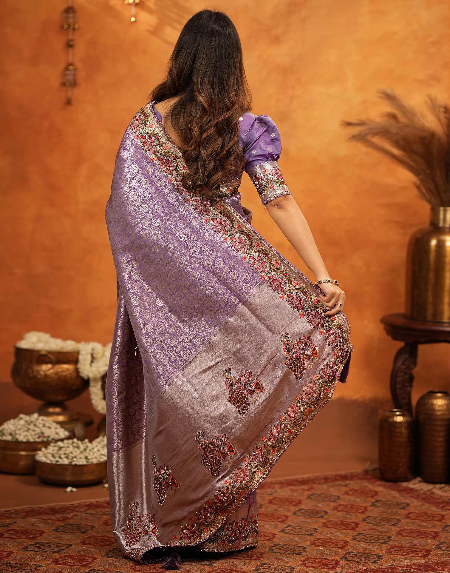 Light Purple Silk Woven Embroidery Stone Work Banarasi Saree - Image 7