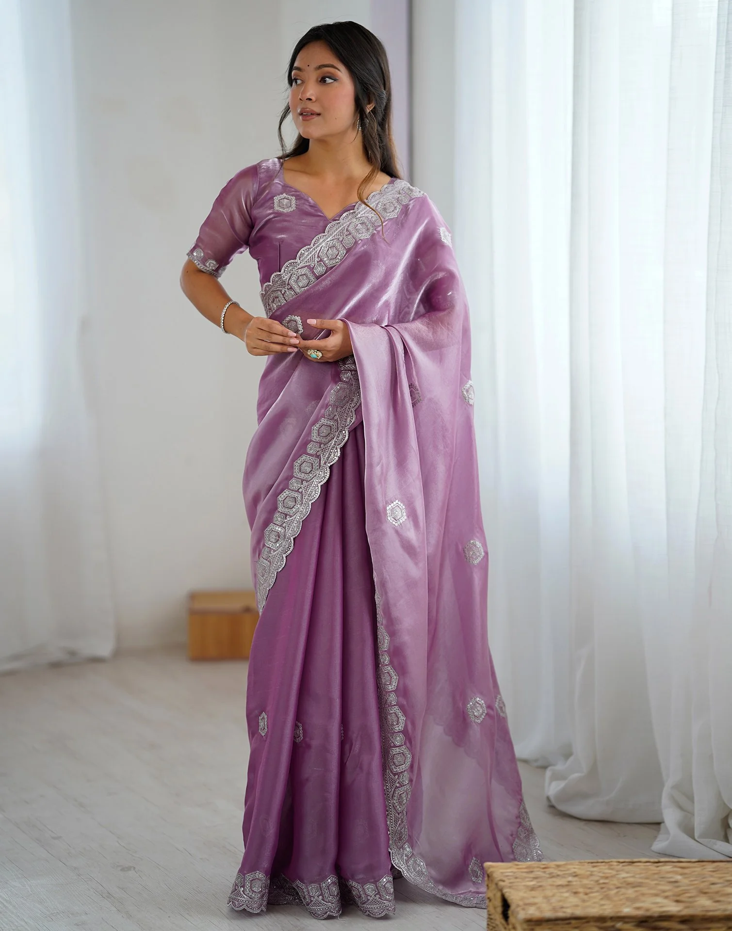 Light Purple Tissue Silk Embroidery Saree - Image 8
