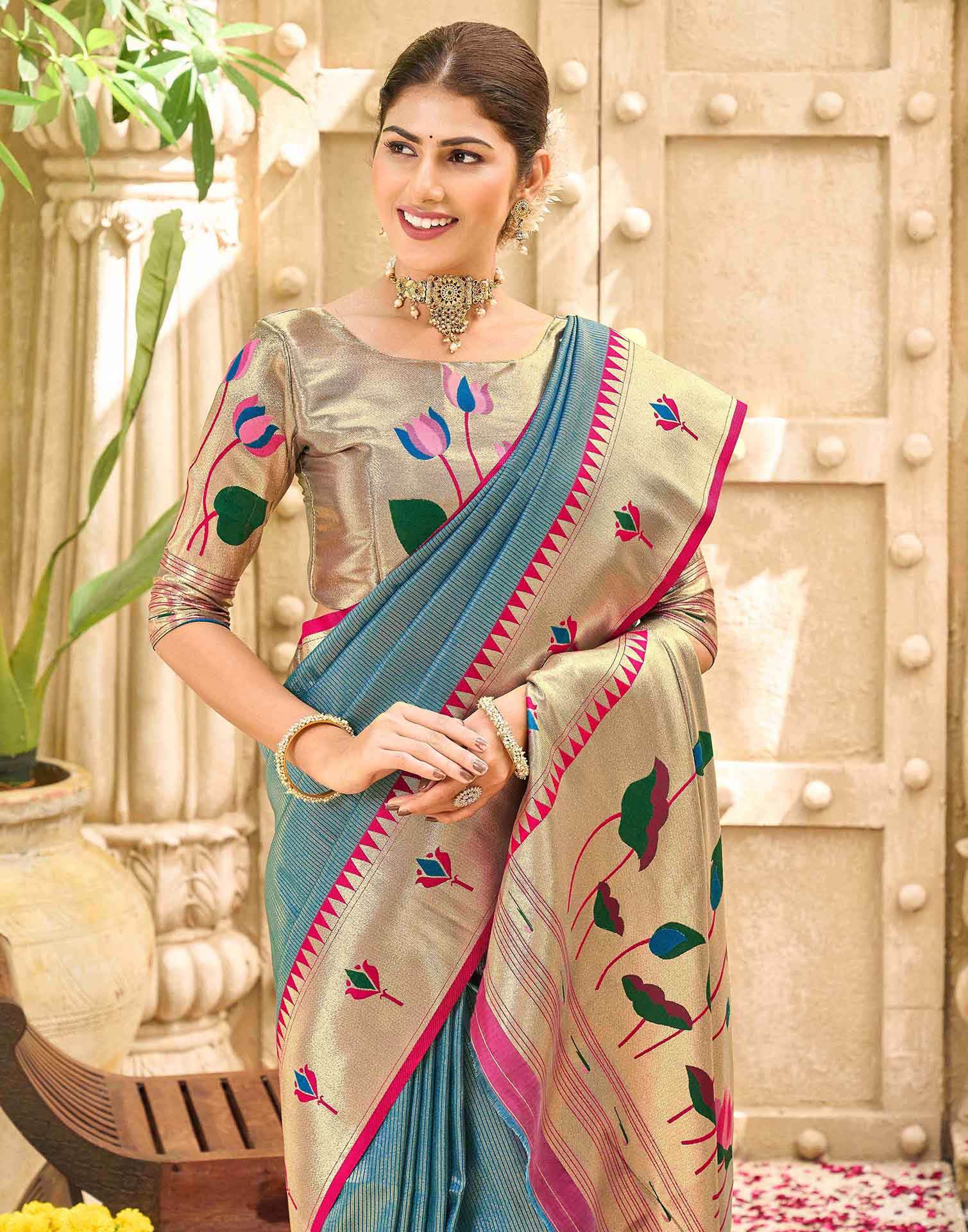 Light Rama Blue Silk Woven Paithani Saree - Image 2