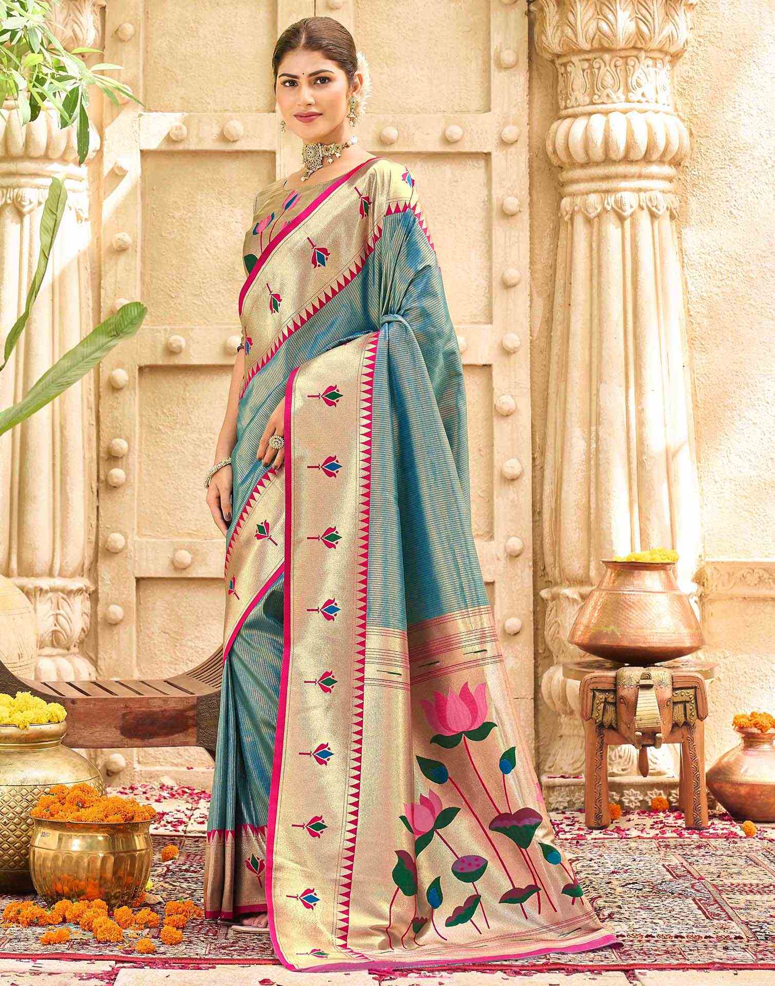 Light Rama Blue Silk Woven Paithani Saree - Image 4