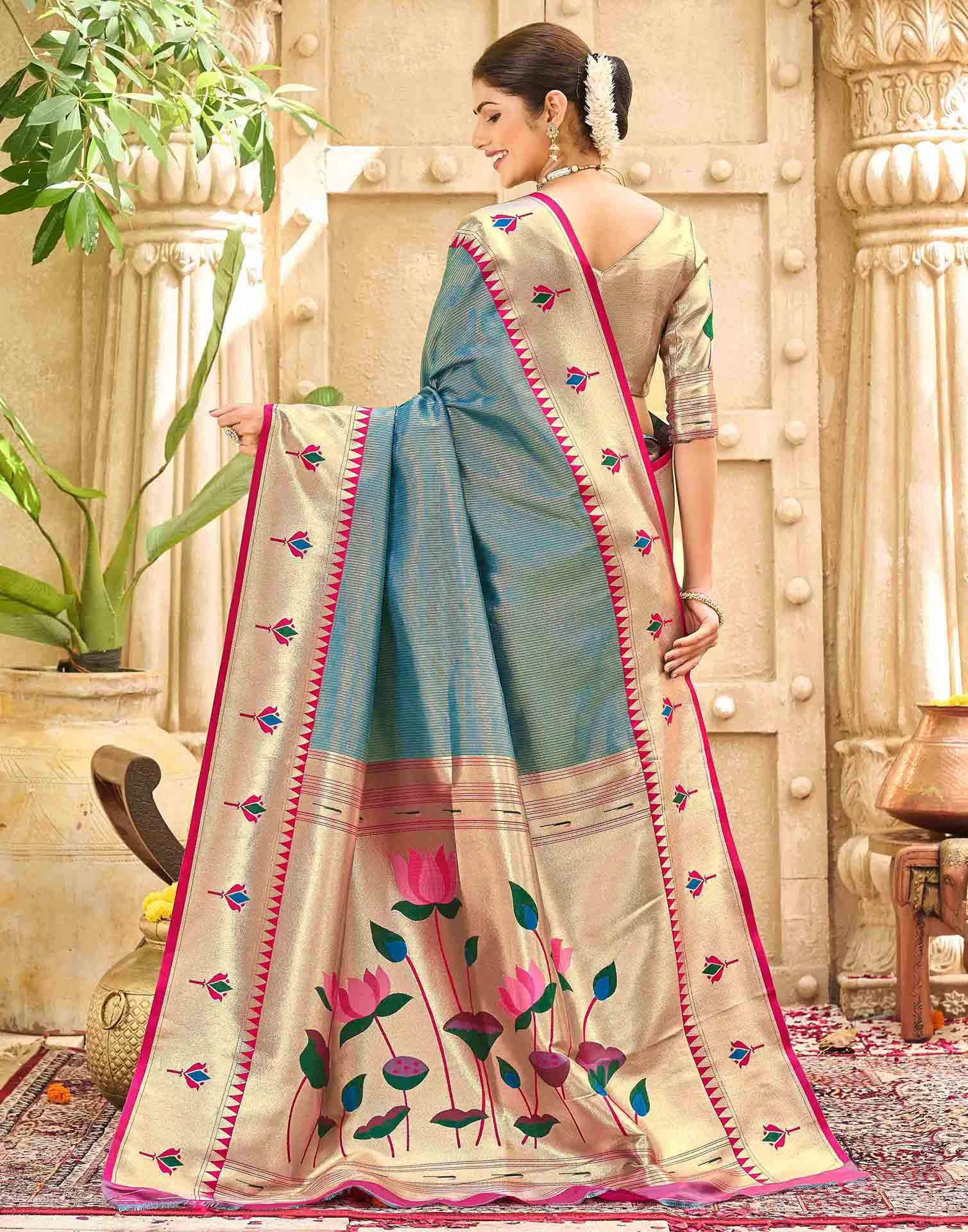 Light Rama Blue Silk Woven Paithani Saree - Image 6