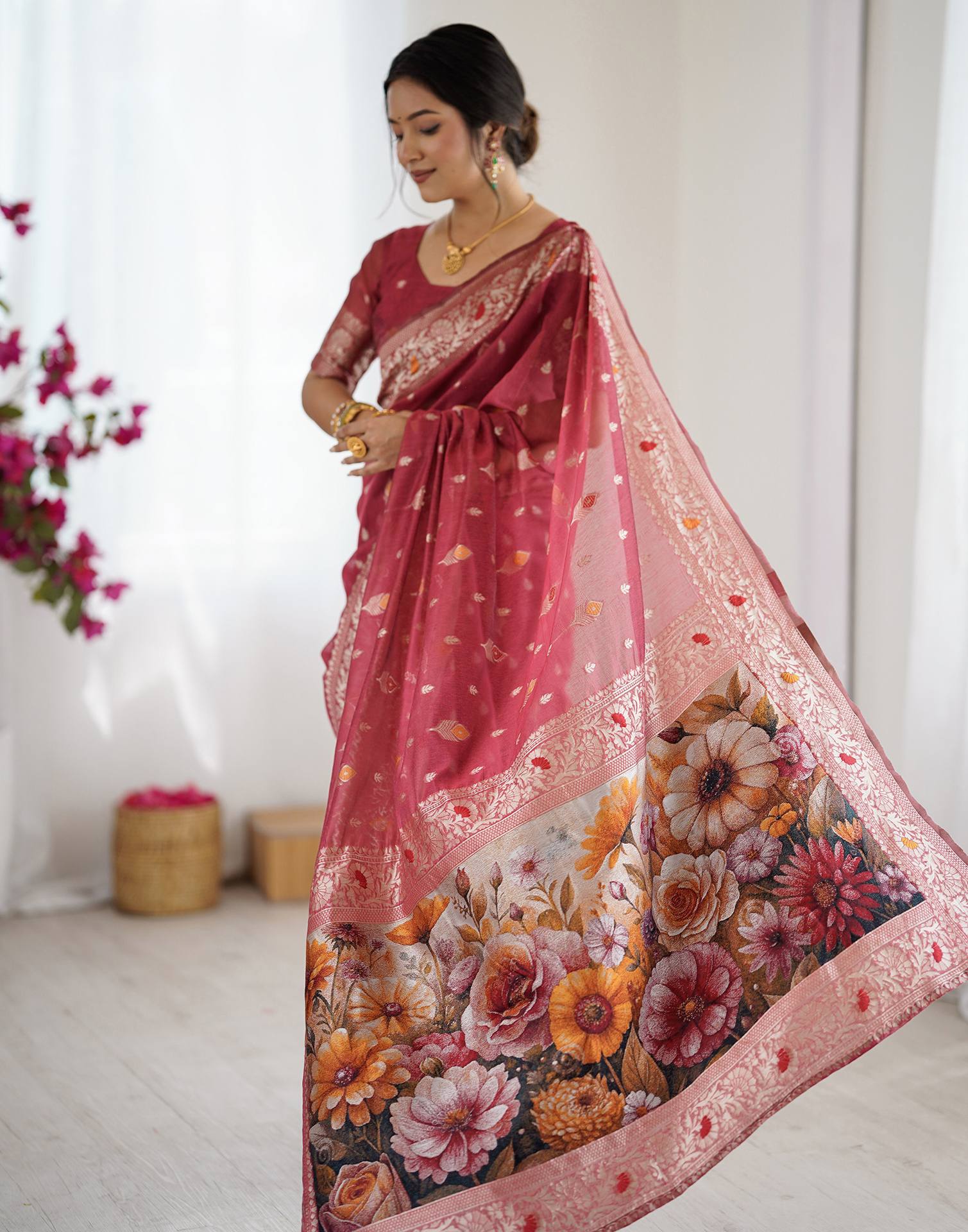 Light Red Chanderi Cotton Woven Saree - Image 8