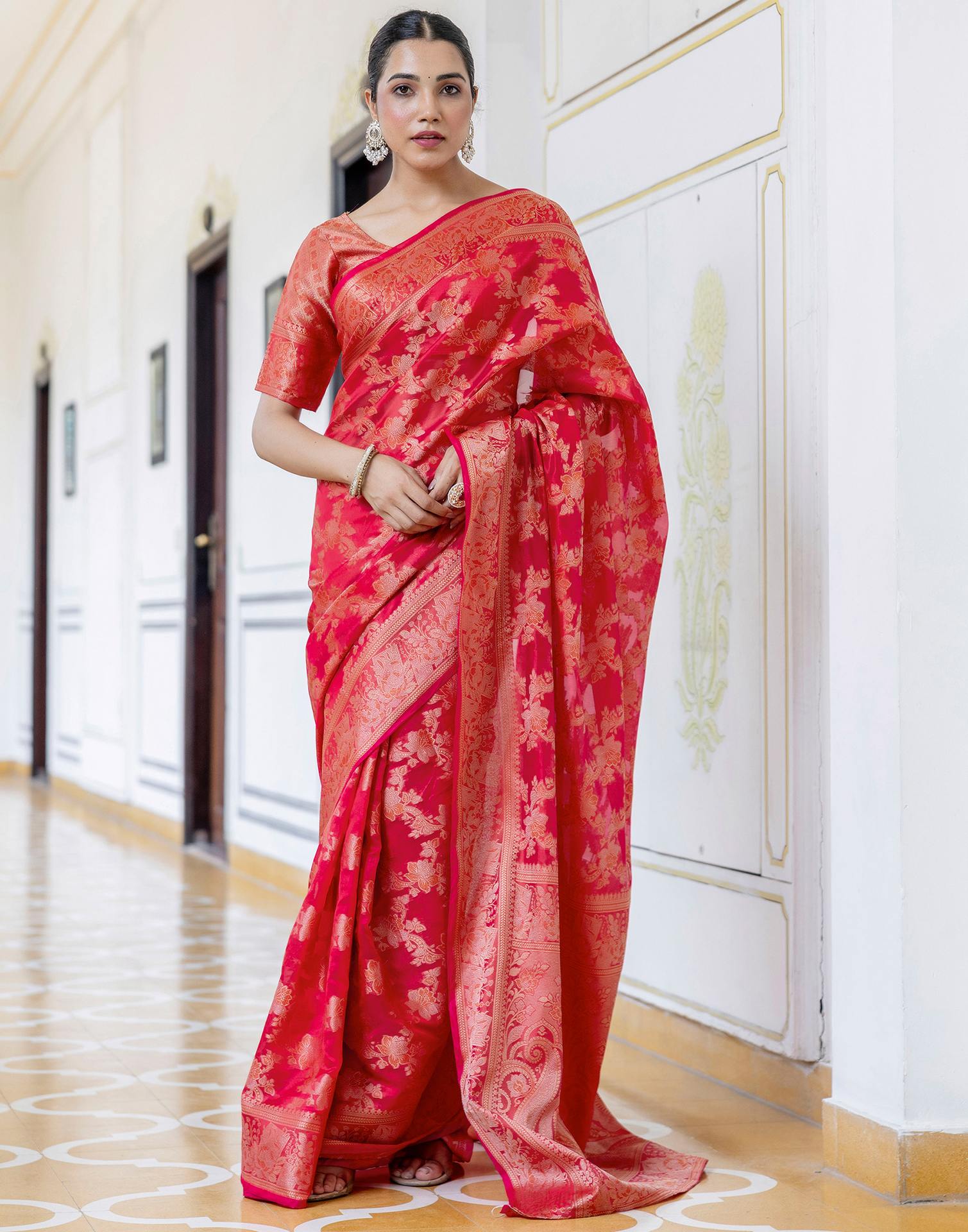 Light Red Chanderi Woven Banarasi Saree