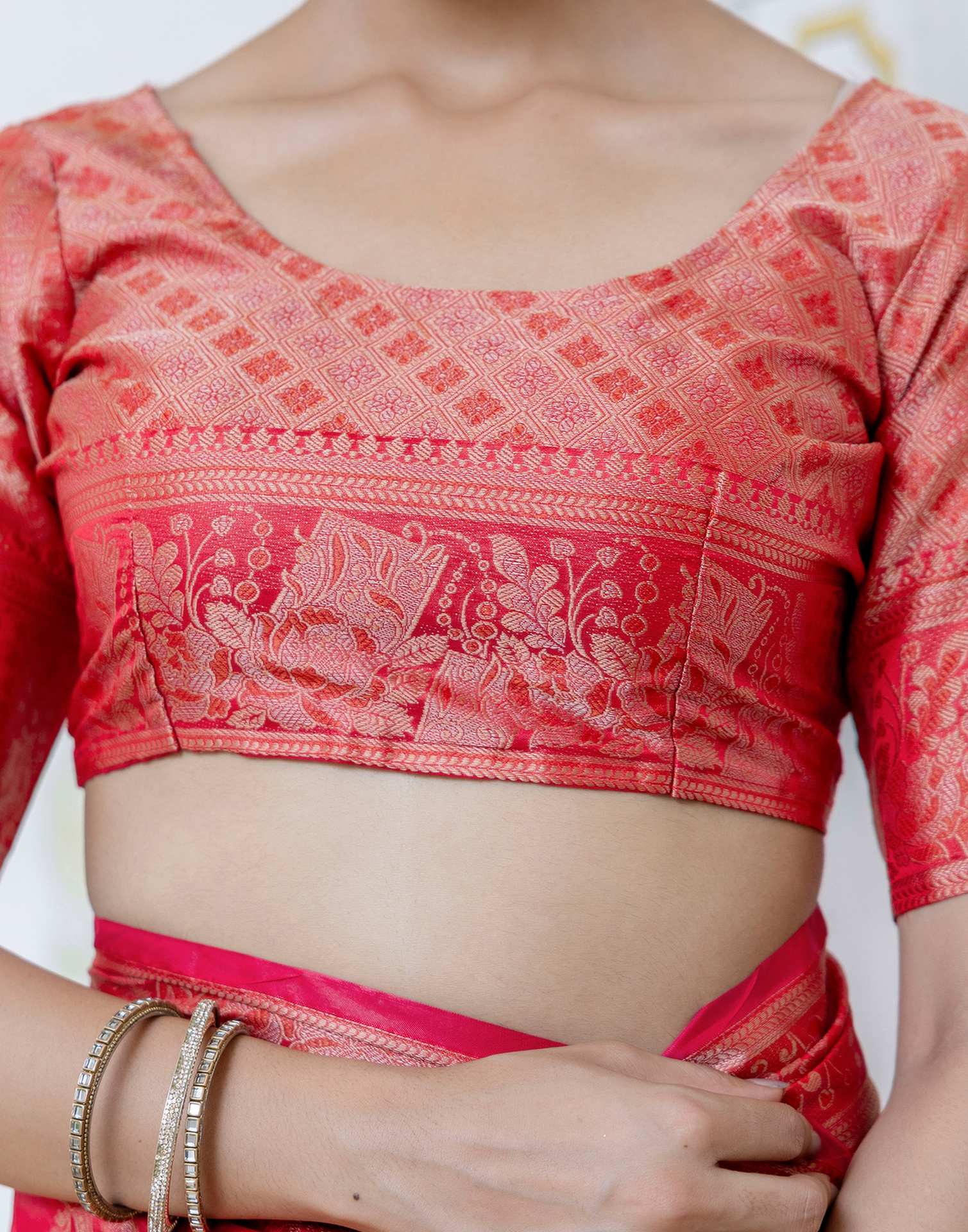 Light Red Chanderi Woven Banarasi Saree - Image 13